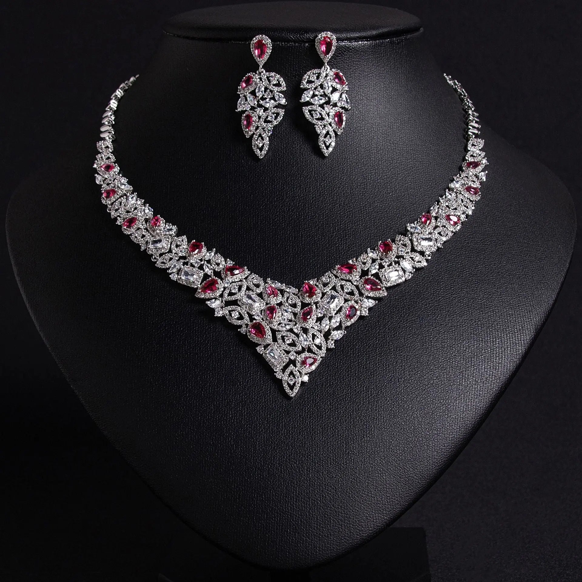 V-Shaped Floral Silver Crystal Bridal Jewelry Set JW047 Sheer Fairy