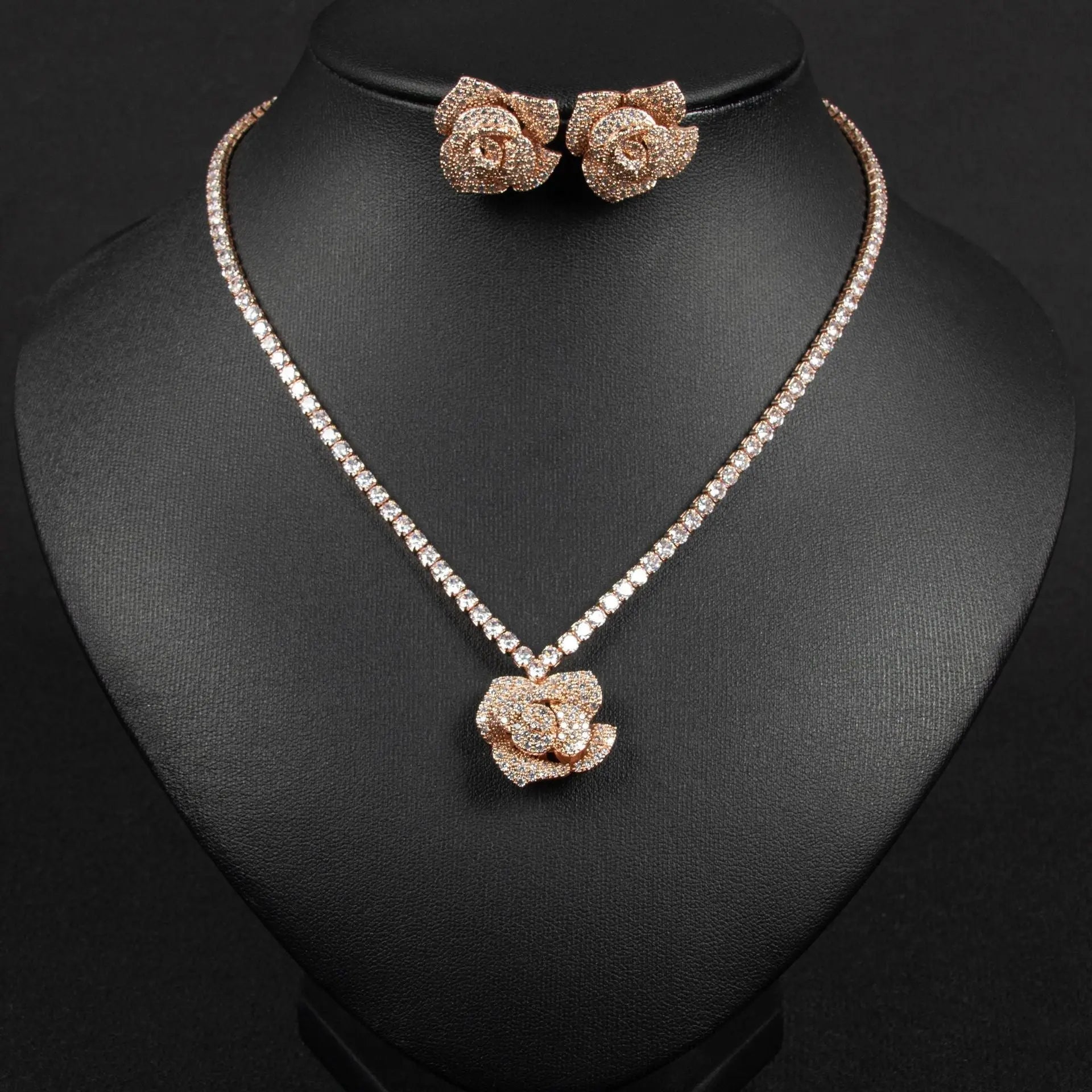 Rose Pendant Silver Crystal Floral Bridal Jewelry Set JW051 Sheer Fairy