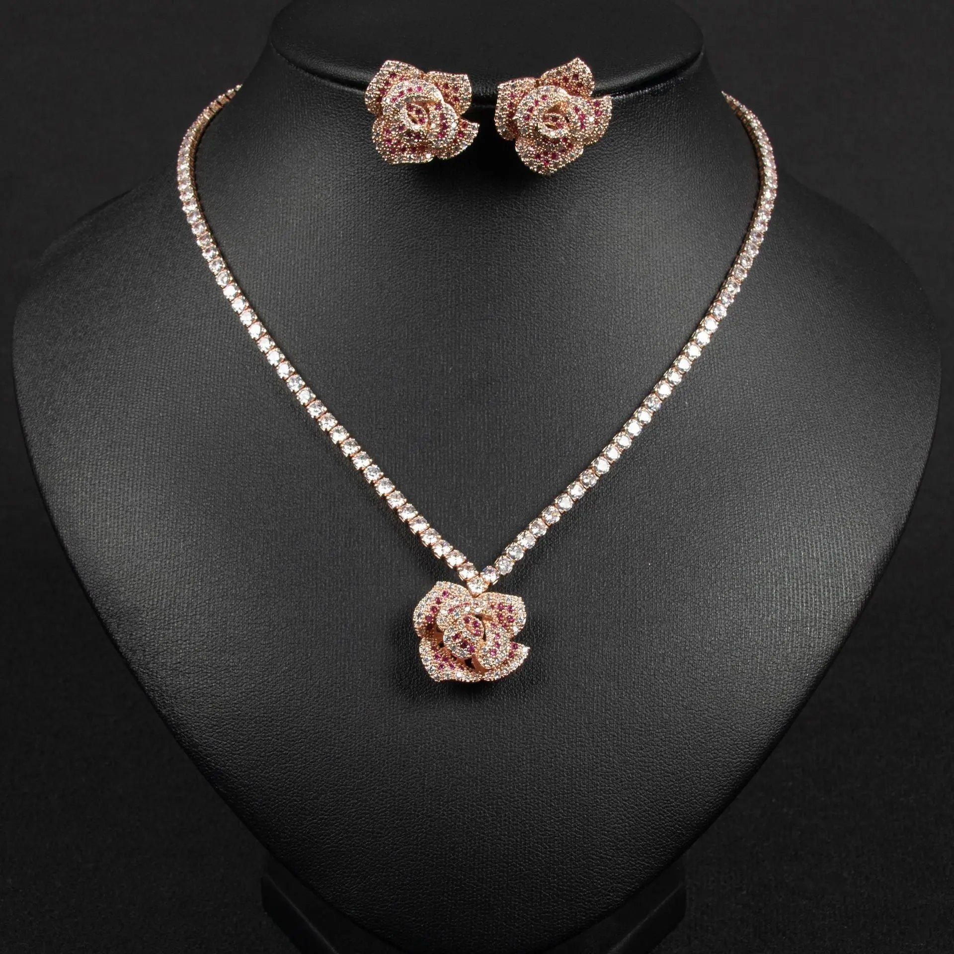 Rose Pendant Silver Crystal Floral Bridal Jewelry Set JW051 Sheer Fairy