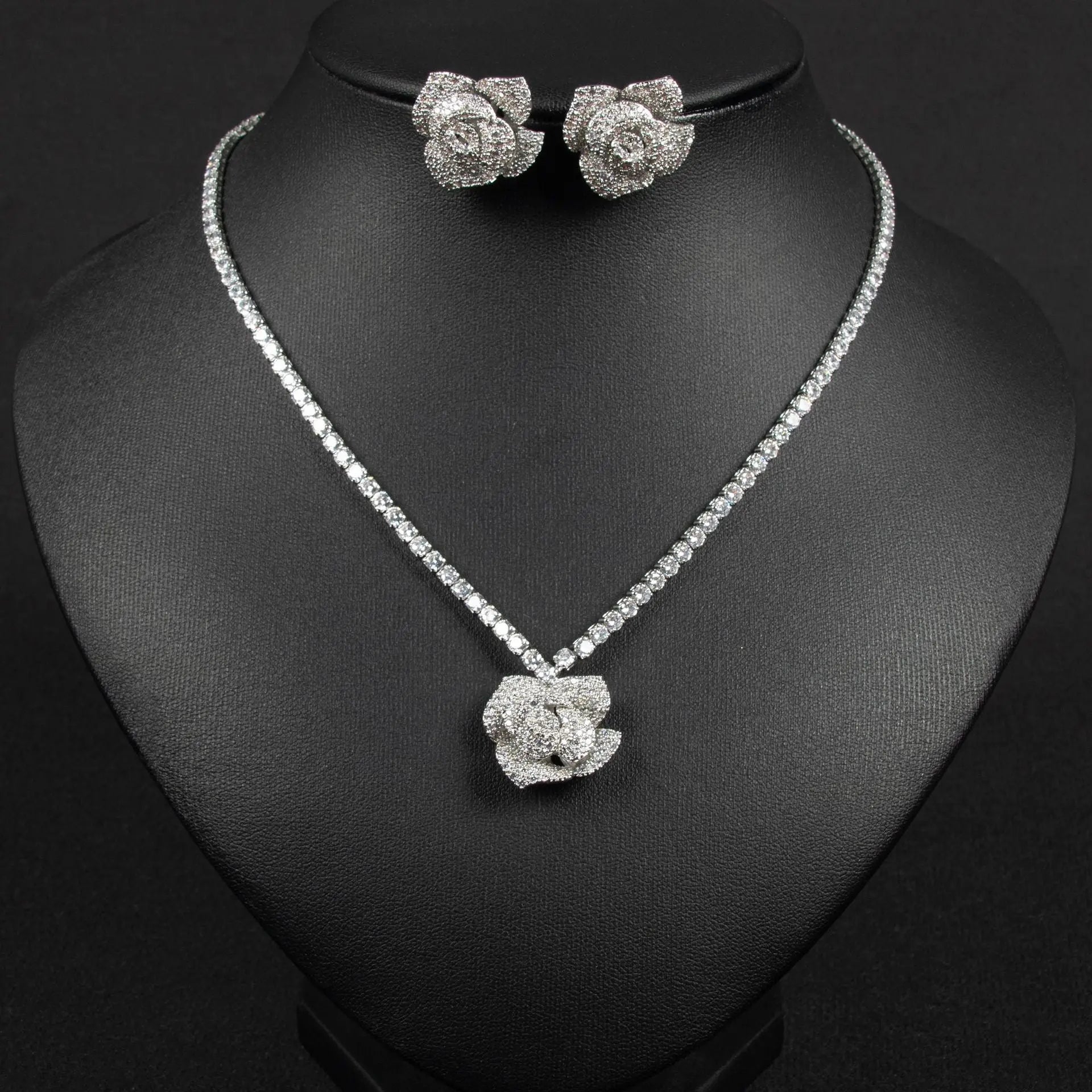 Rose Pendant Silver Crystal Floral Bridal Jewelry Set JW051 Sheer Fairy