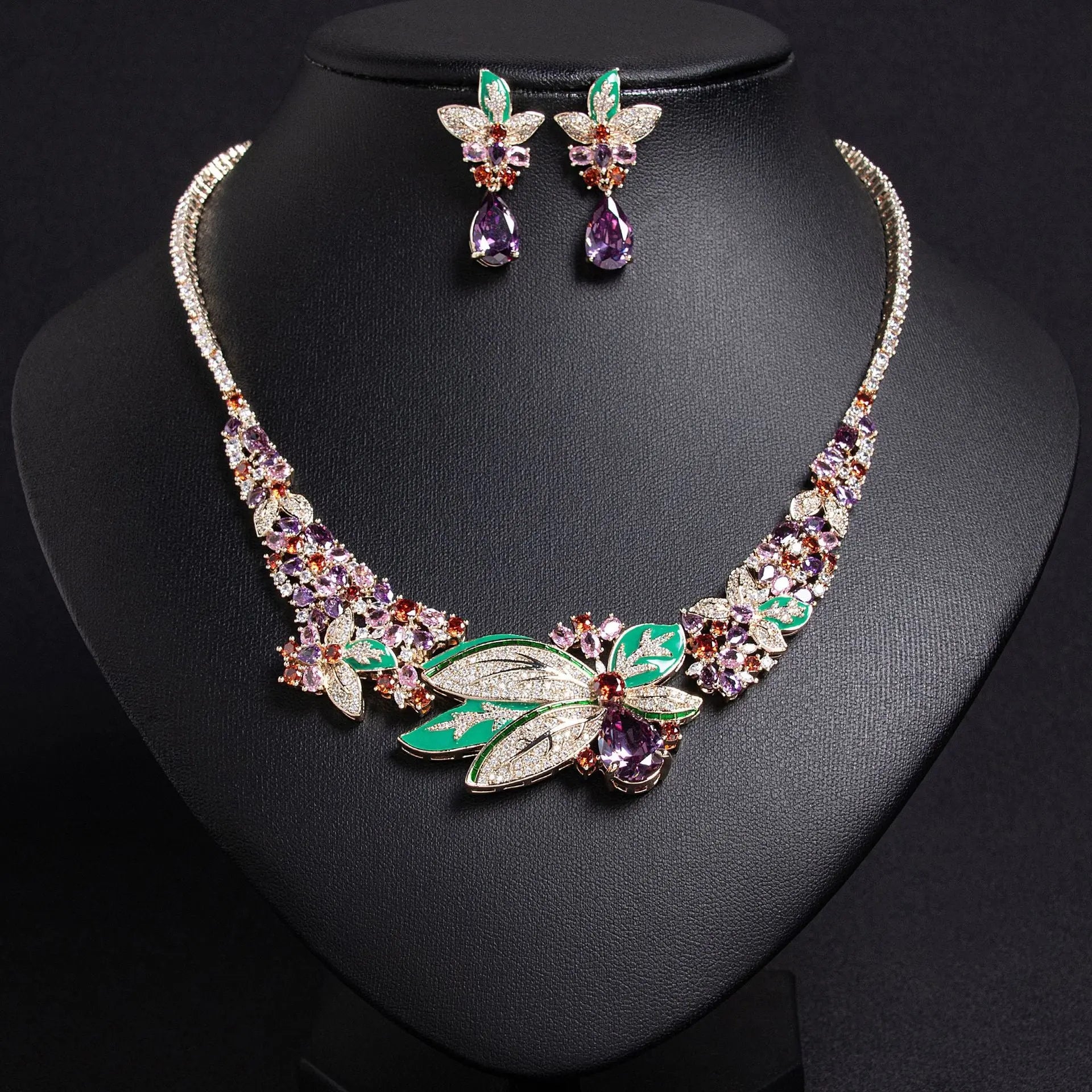 Butterfly Motif Purple and Green Crystal Bridal Jewelry Set JW052 Sheer Fairy
