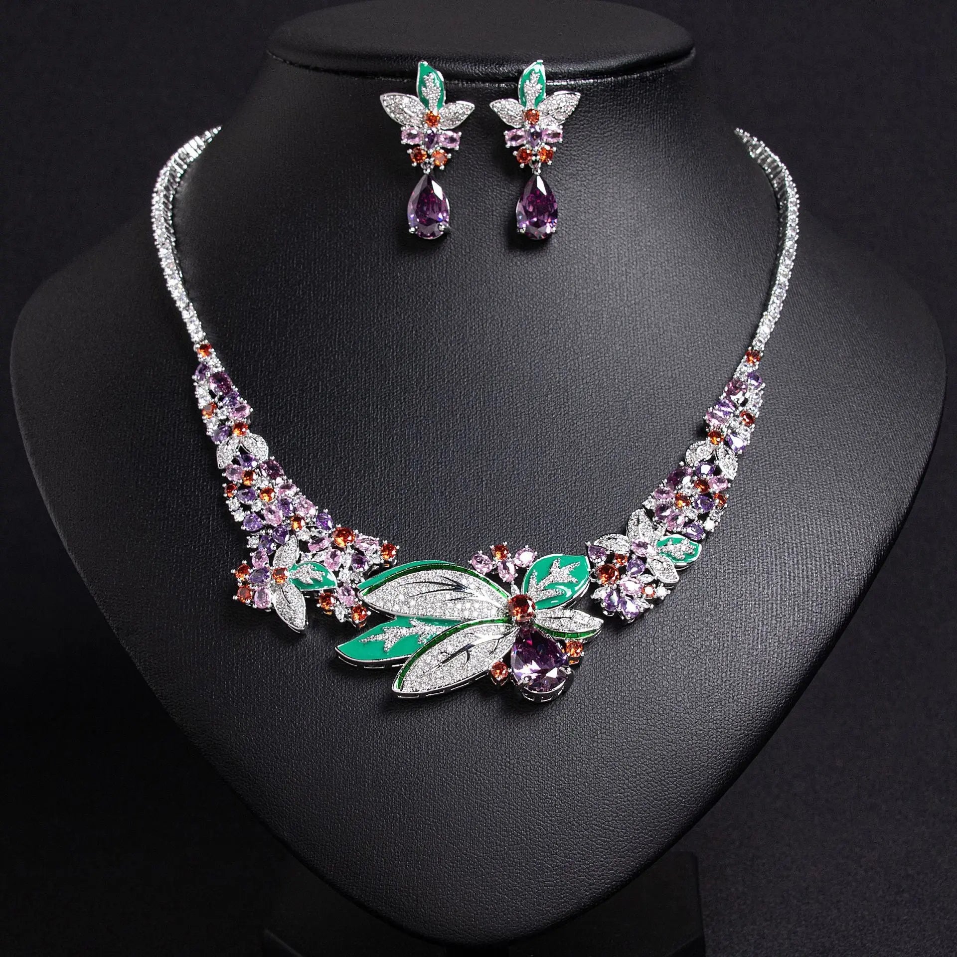 Butterfly Motif Purple and Green Crystal Bridal Jewelry Set JW052 Sheer Fairy