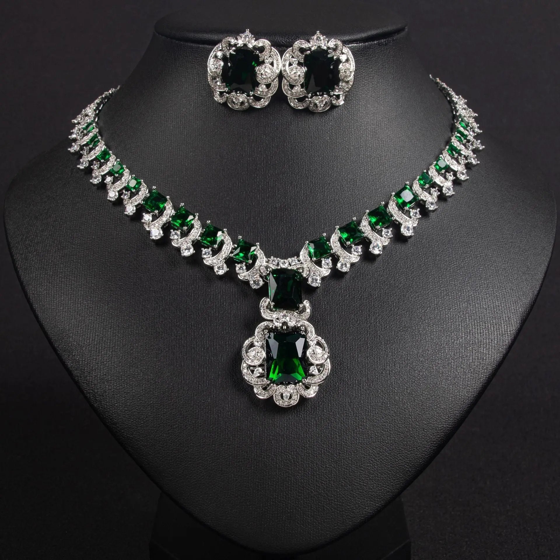 Green Crystal Bridal Statement Earrings and Necklace Set JW054 Sheer Fairy