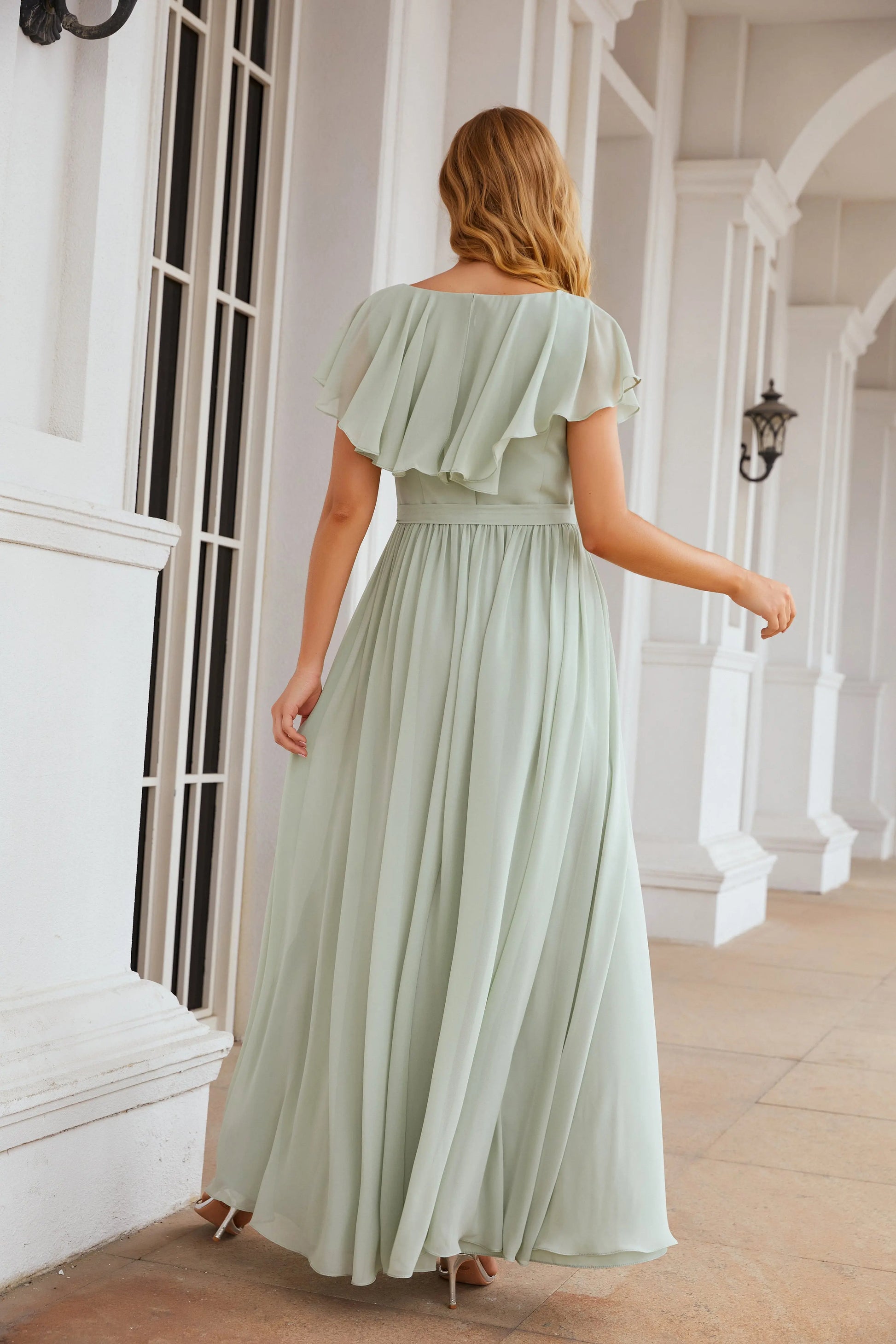 Metallic Sage Green Chiffon A-Line Bridesmaid Dress BS038 Sheer Fairy