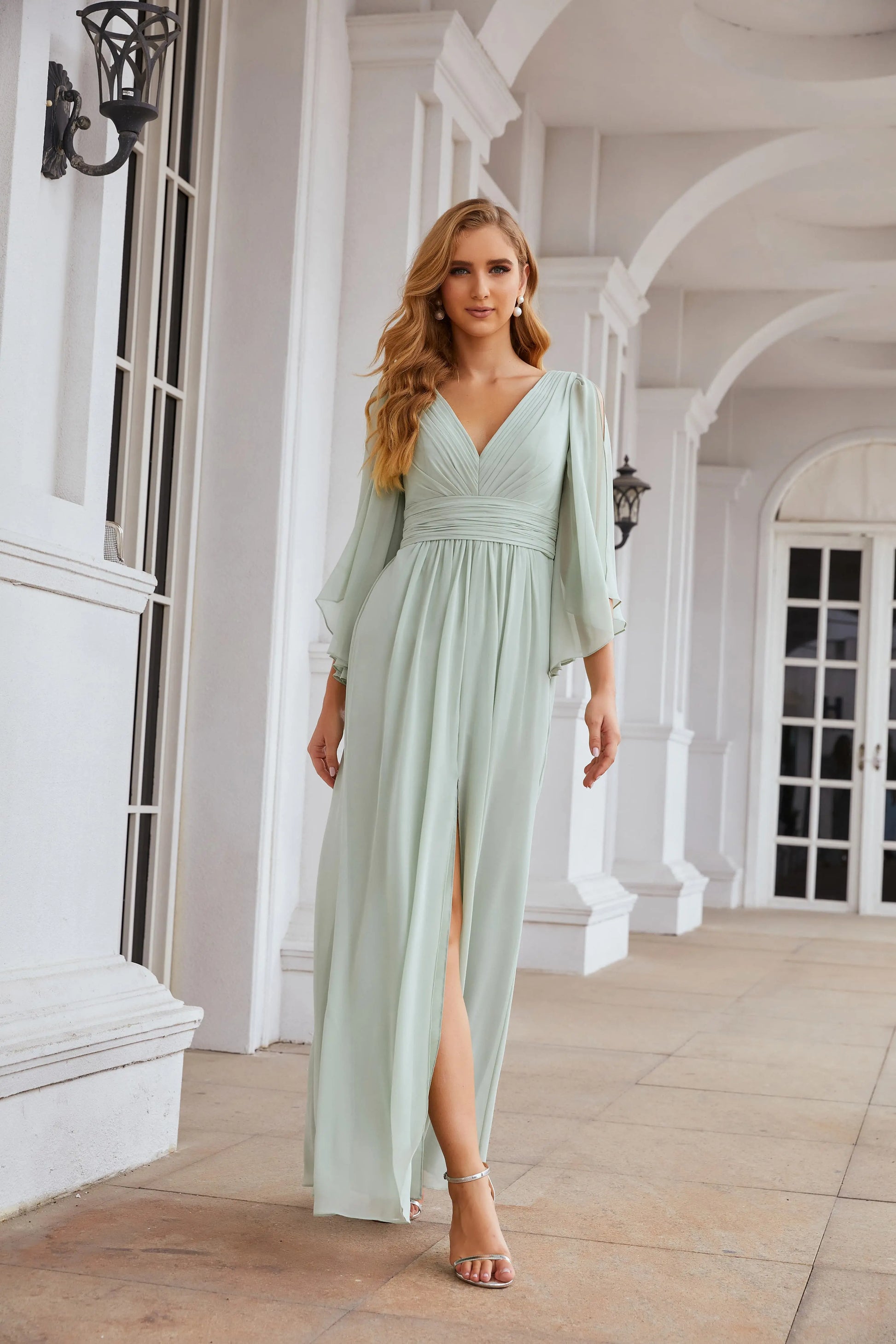 Navy Blue Deep V-Neck Chiffon A-Line Bridesmaid Dress BS015 Sheer Fairy