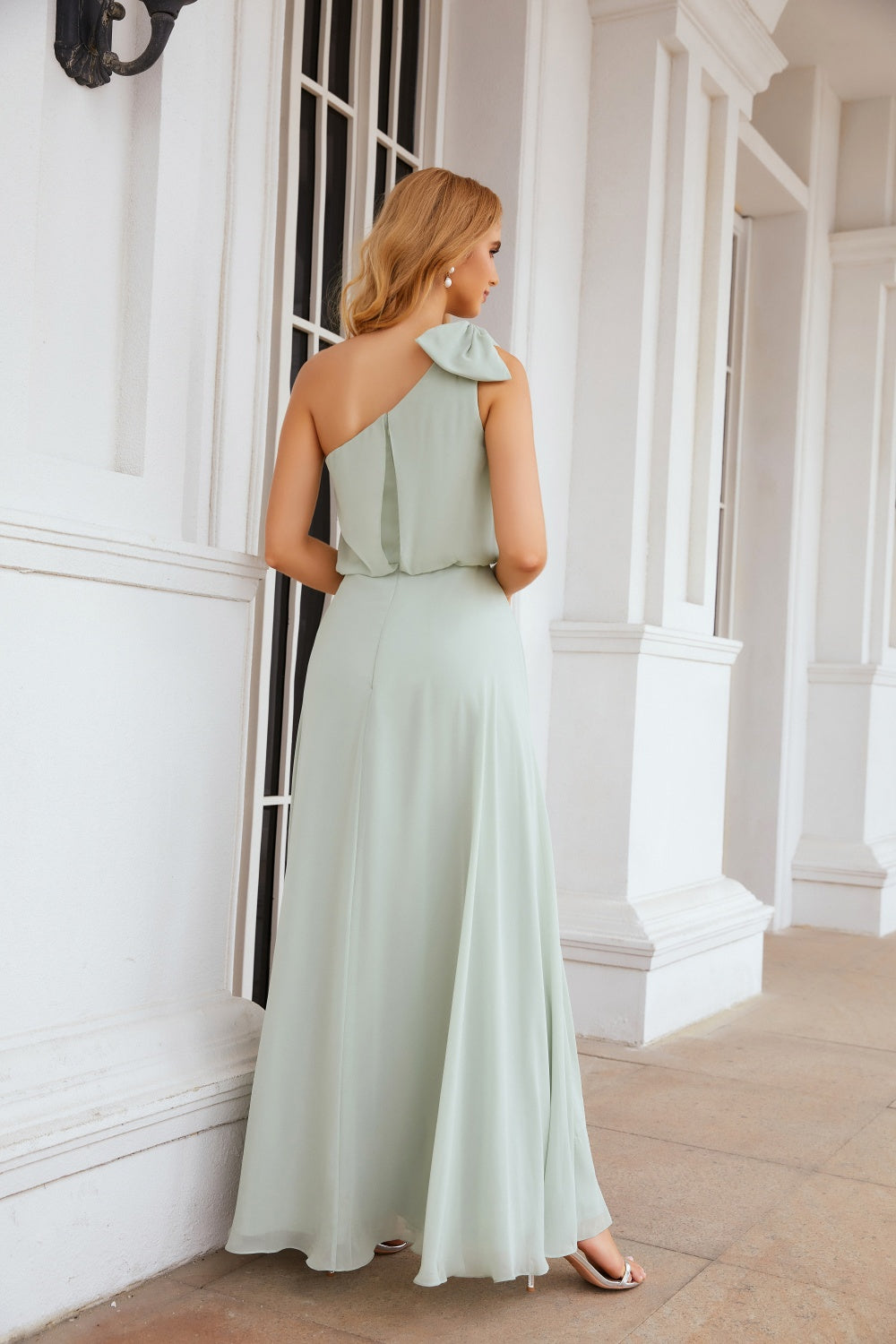 Sage Green One-Shoulder Chiffon A-Line Bow Bridesmaid Dress BS009