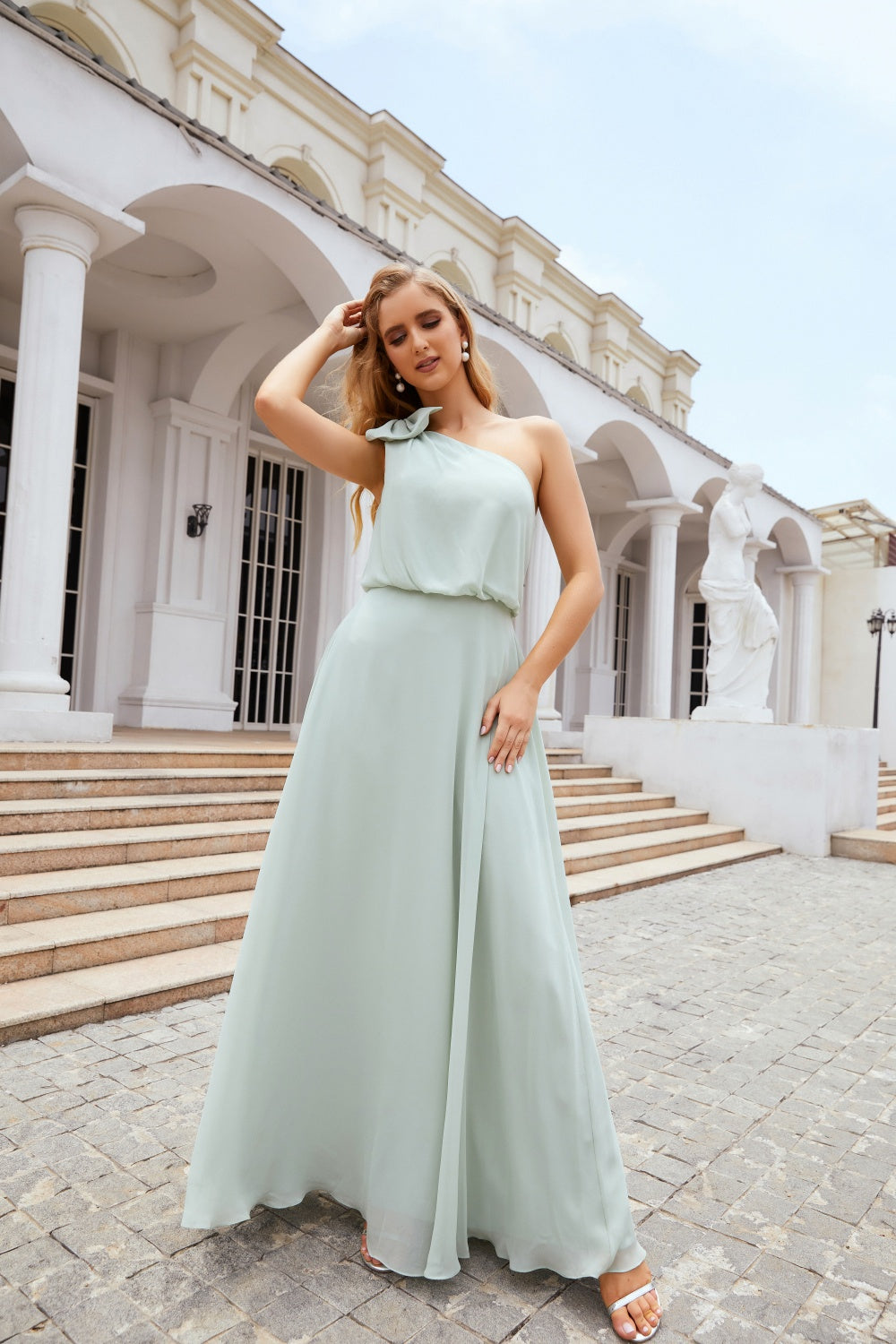 Sage Green One-Shoulder Chiffon A-Line Bow Bridesmaid Dress BS009