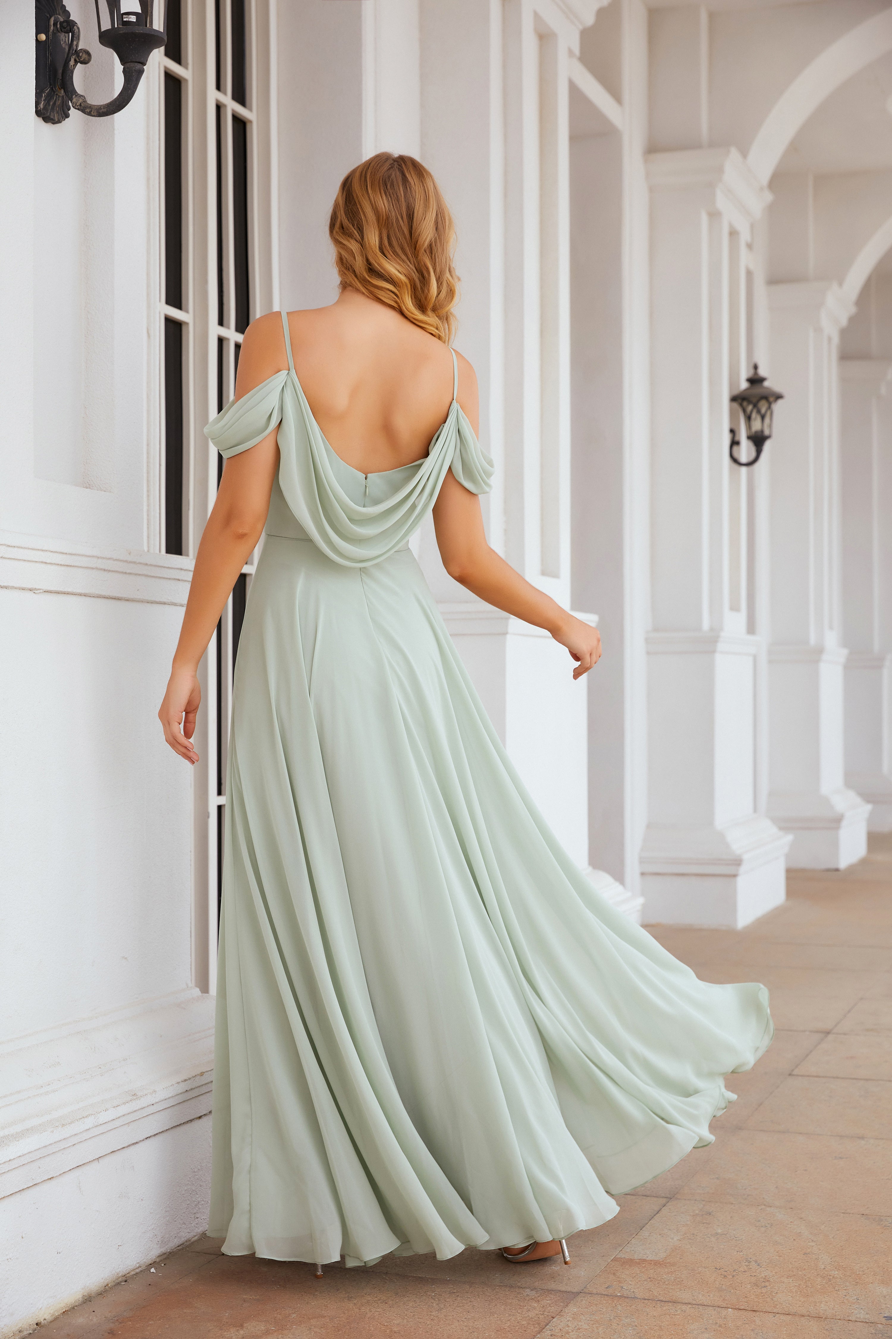 Sage Green Off-Shoulder Chiffon A-Line Bridesmaid Dress BS004