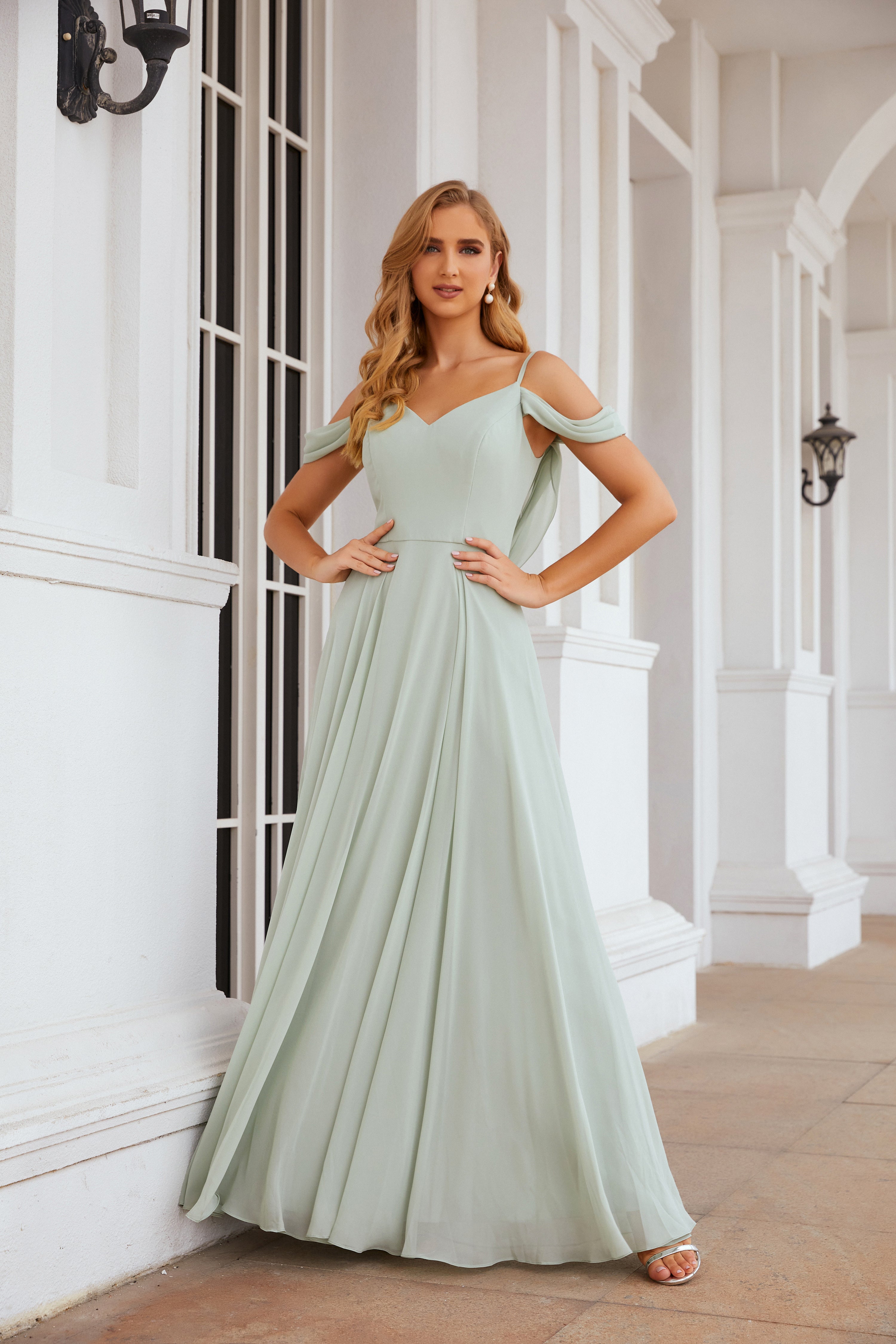 Sage Green Off-Shoulder Chiffon A-Line Bridesmaid Dress BS004