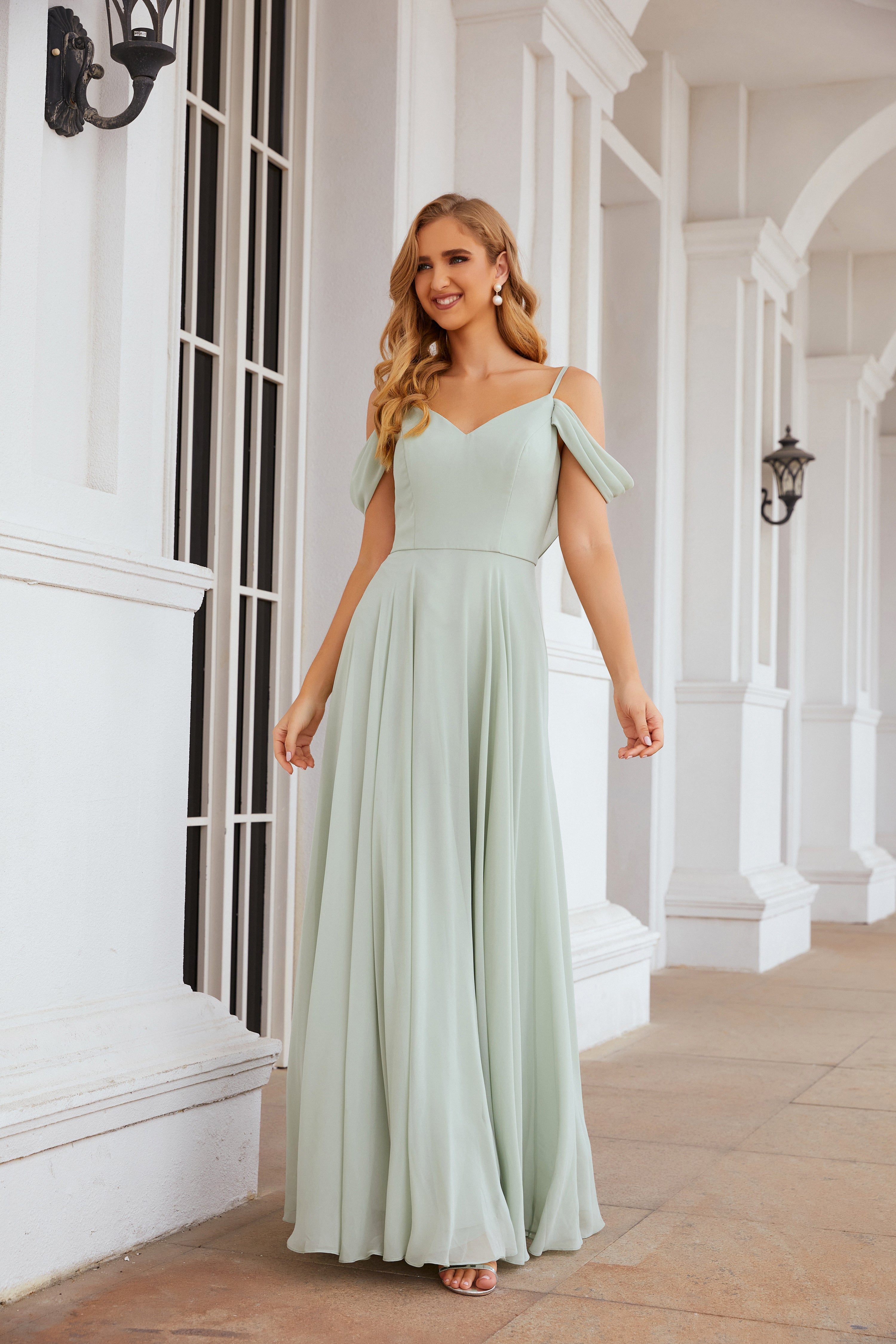 Sage Green Off-Shoulder Chiffon A-Line Bridesmaid Dress BS004