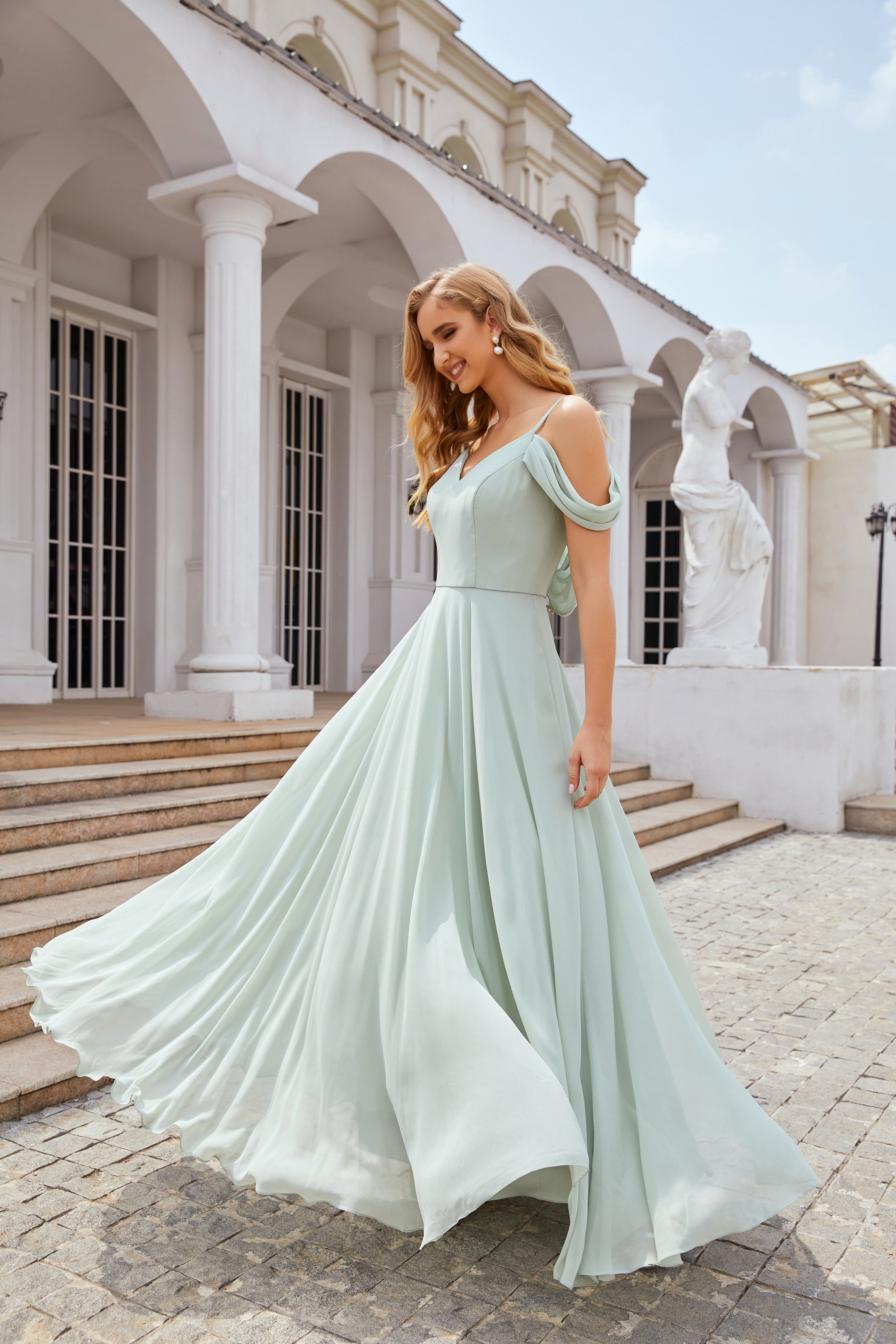 Sage Green Off-Shoulder Chiffon A-Line Bridesmaid Dress BS004