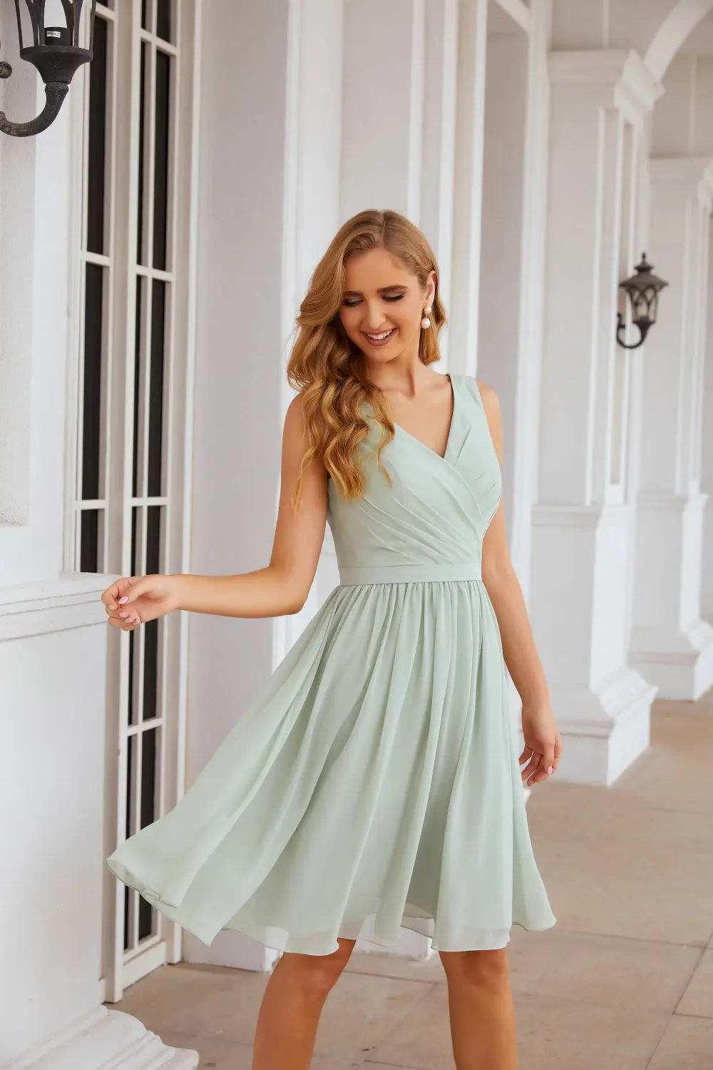 Sage Green V-Neck Chiffon A-Line Knee-Length Bridesmaid Dress BS013 – SHEER FAIRY