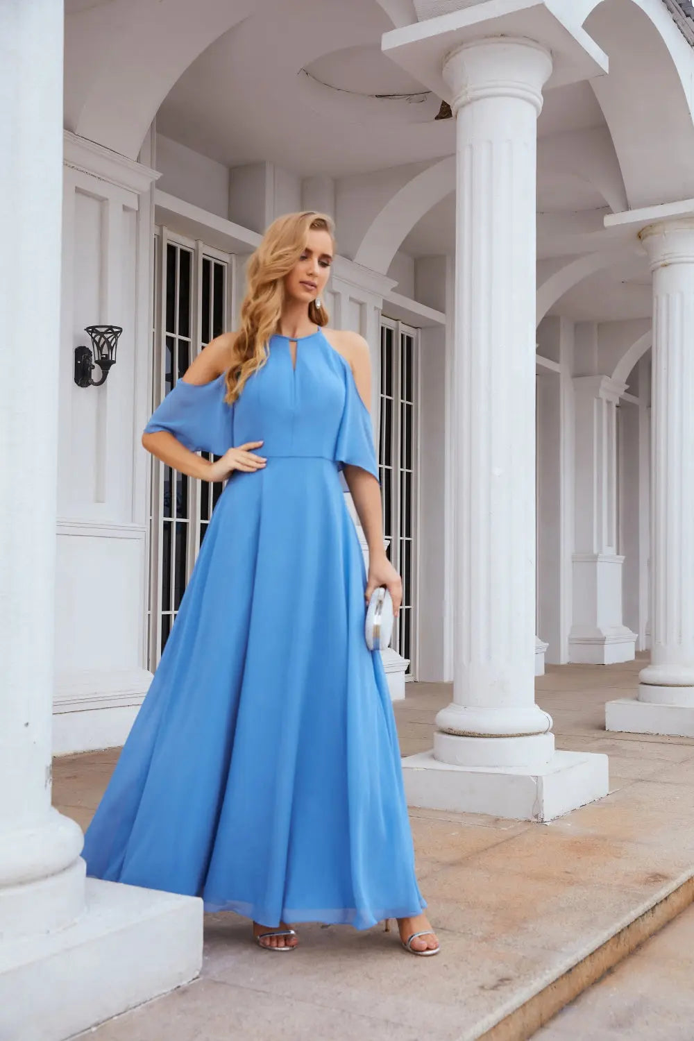 Classic Dusty Blue High Neck Chiffon A-Line Bridesmaid Dress BS021 Sheer Fairy