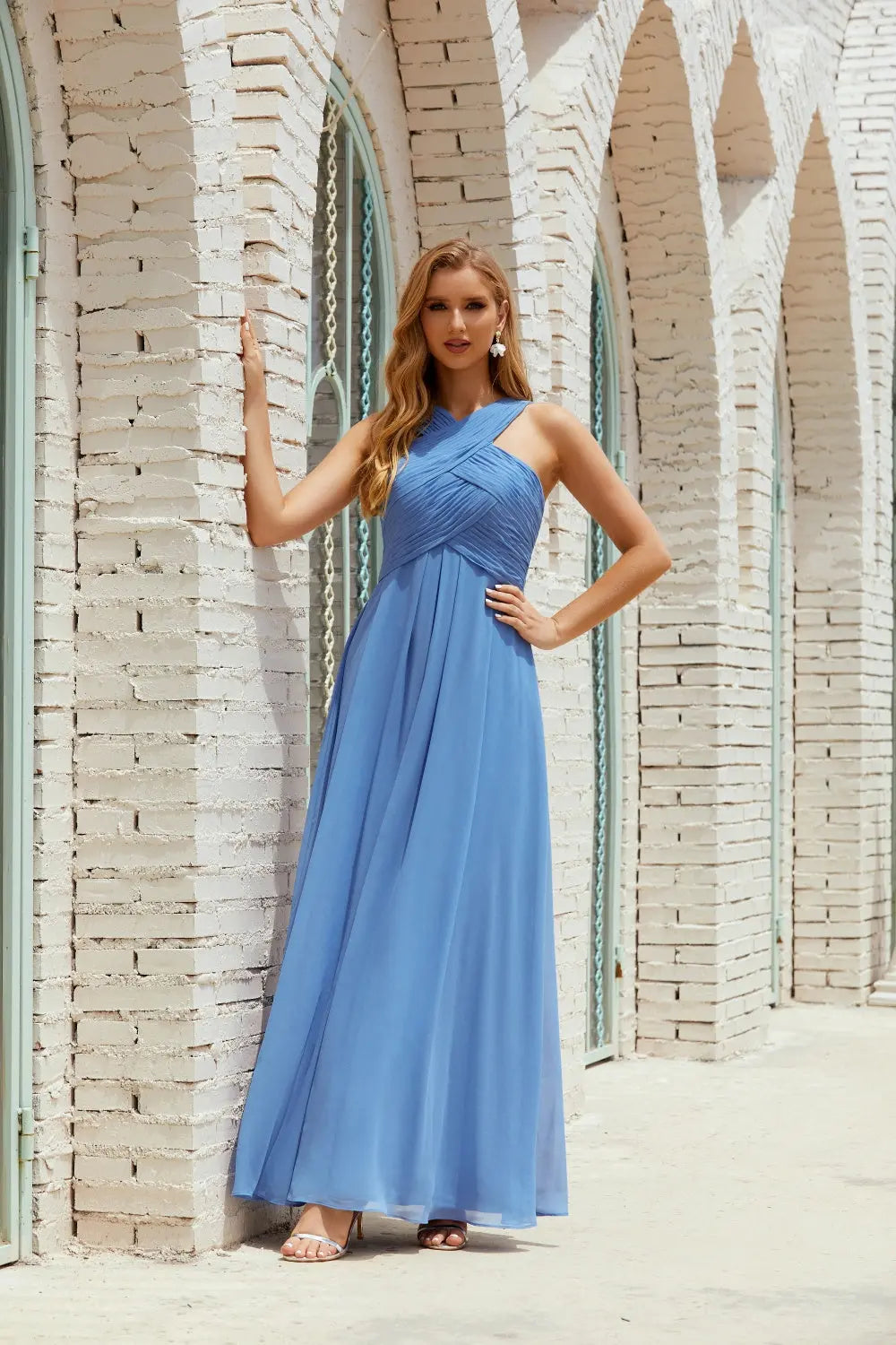Blue Crisscross Halter Chiffon A-Line Bridesmaid Dress BS016 Sheer Fairy
