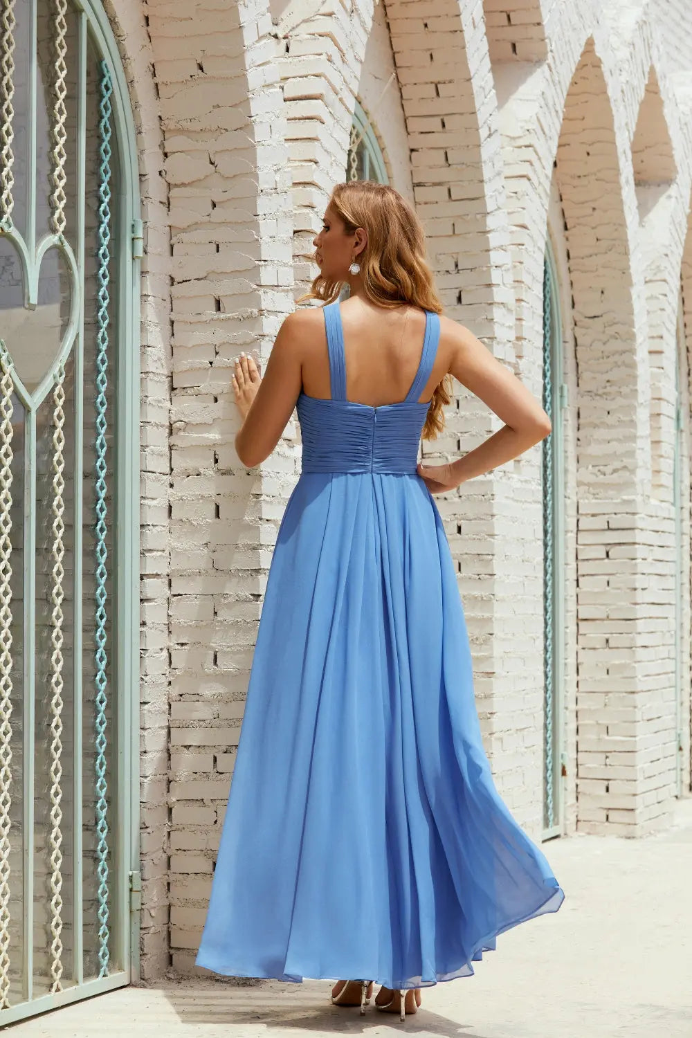 Blue Crisscross Halter Chiffon A-Line Bridesmaid Dress BS016 Sheer Fairy