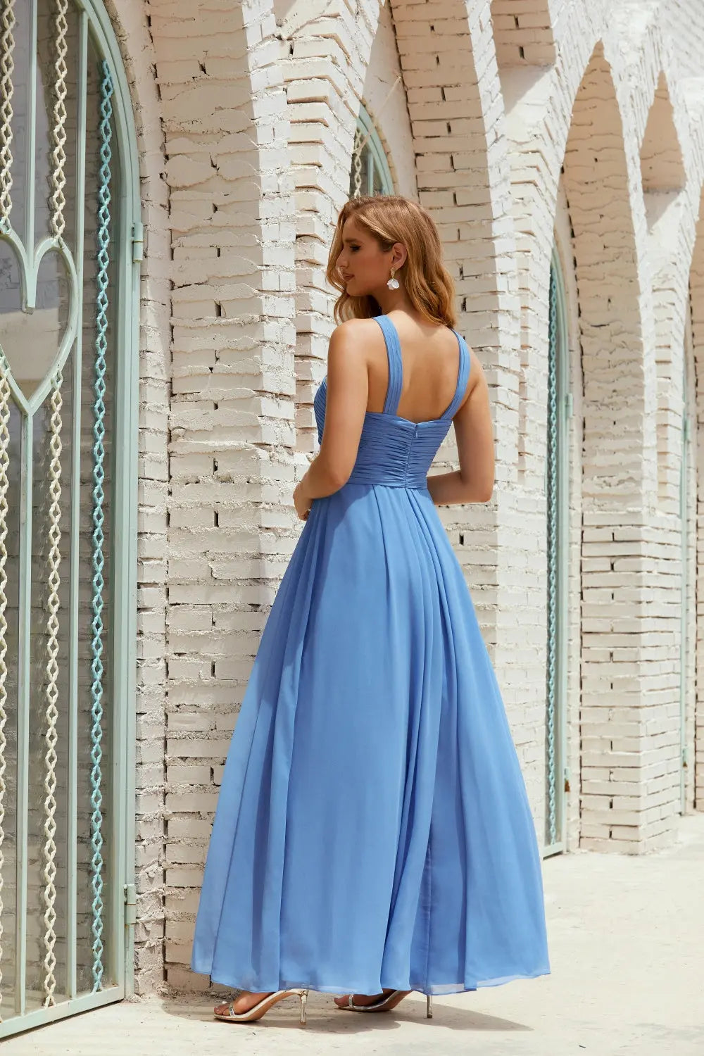 Blue Crisscross Halter Chiffon A-Line Bridesmaid Dress BS016 Sheer Fairy
