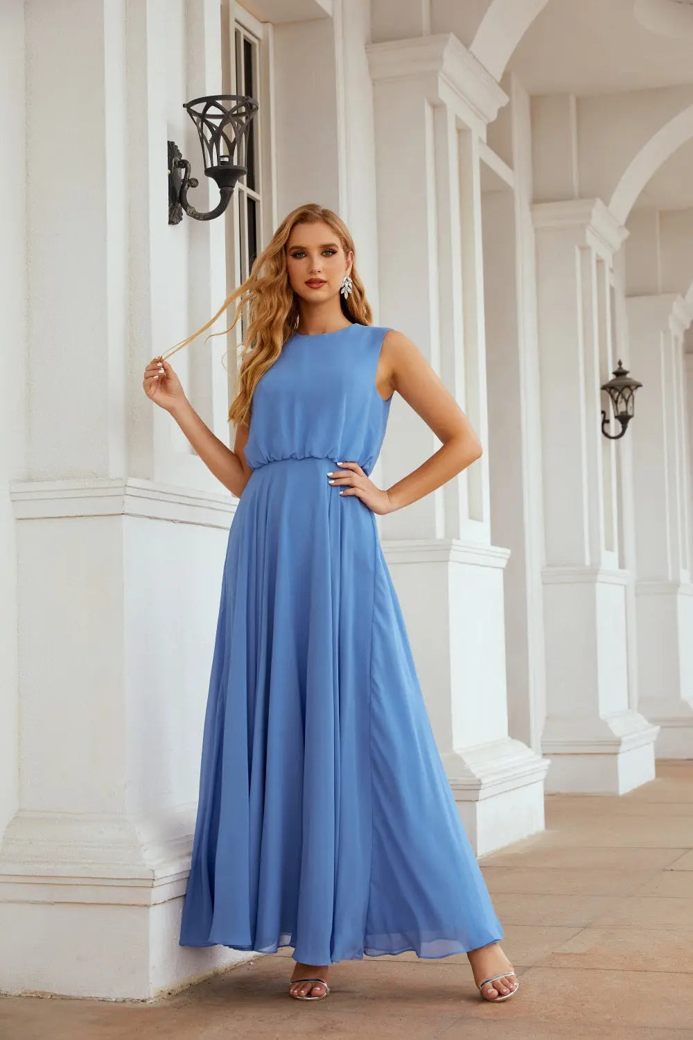 Dusty Blue High Neck Chiffon A-Line Bridesmaid Dress BS027 Sheer Fairy