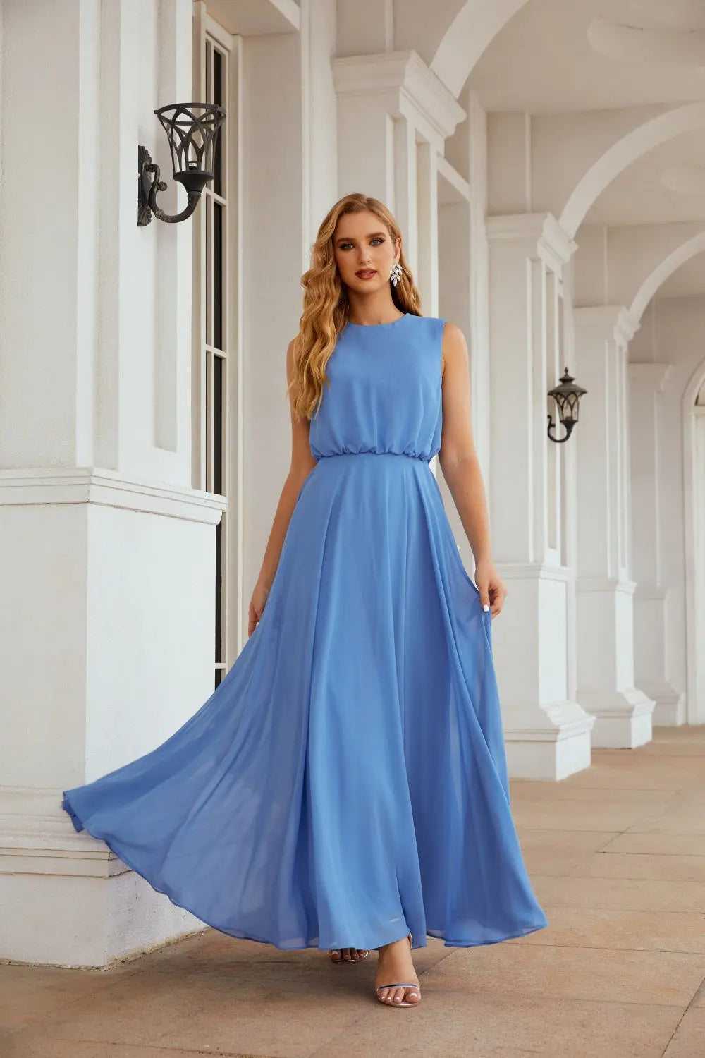 Dusty Blue High Neck Chiffon A-Line Bridesmaid Dress BS027 Sheer Fairy