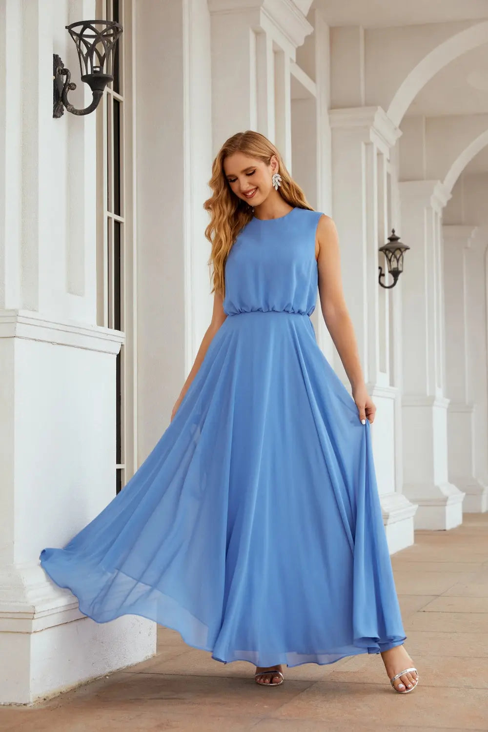 Dusty Blue High Neck Chiffon A-Line Bridesmaid Dress BS027 Sheer Fairy