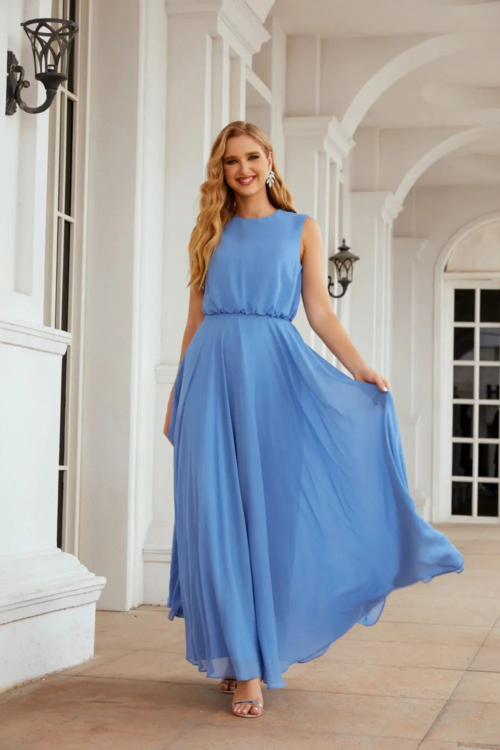 Dusty Blue High Neck Chiffon A-Line Bridesmaid Dress BS027 Sheer Fairy