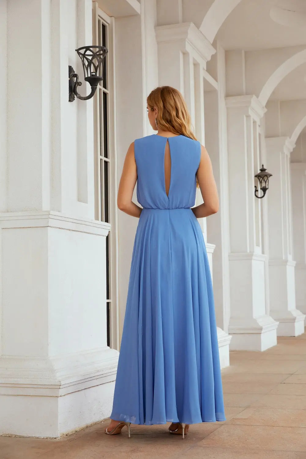 Dusty Blue High Neck Chiffon A-Line Bridesmaid Dress BS027 Sheer Fairy