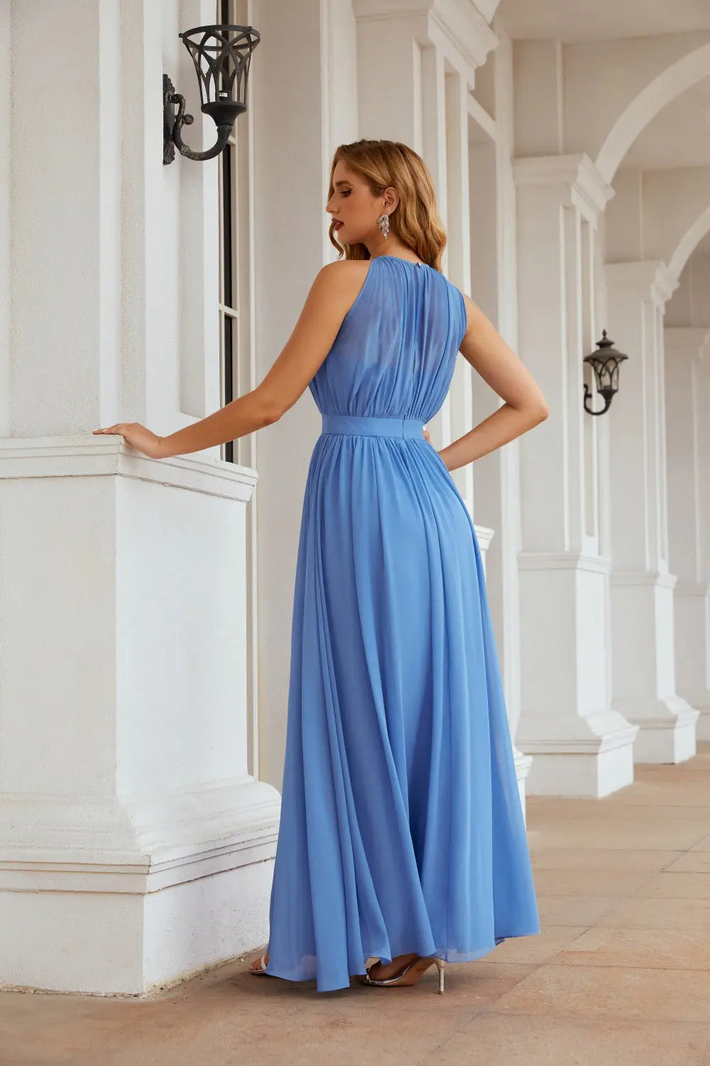 Elegant Dusty Blue High Neck Chiffon A-Line Bridesmaid Dress BS017 Sheer Fairy