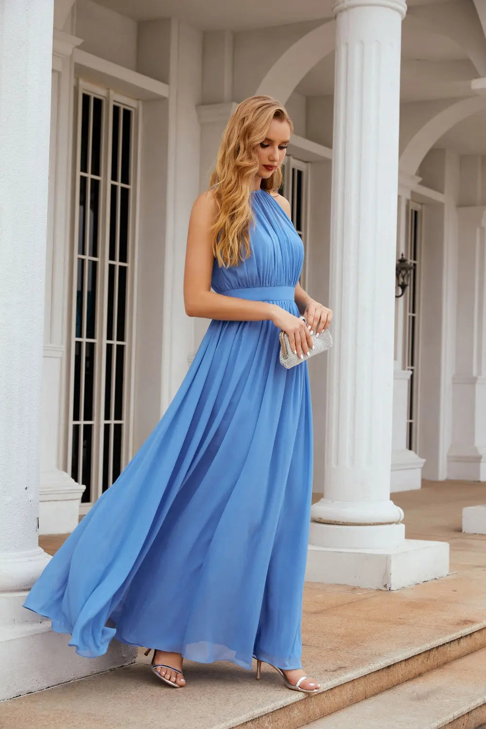 Elegant Dusty Blue High Neck Chiffon A-Line Bridesmaid Dress BS017 Sheer Fairy