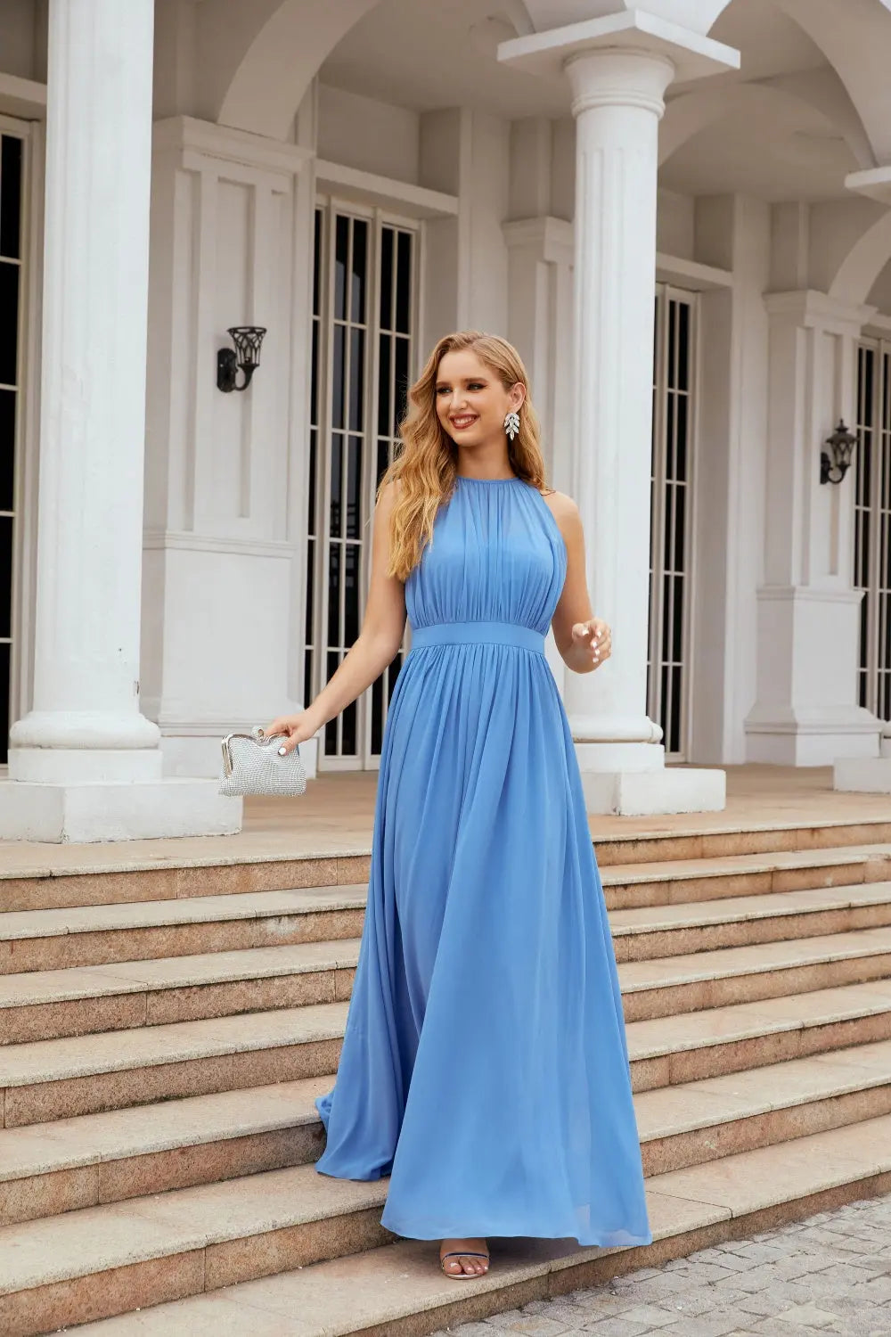 Elegant Dusty Blue High Neck Chiffon A-Line Bridesmaid Dress BS017 Sheer Fairy