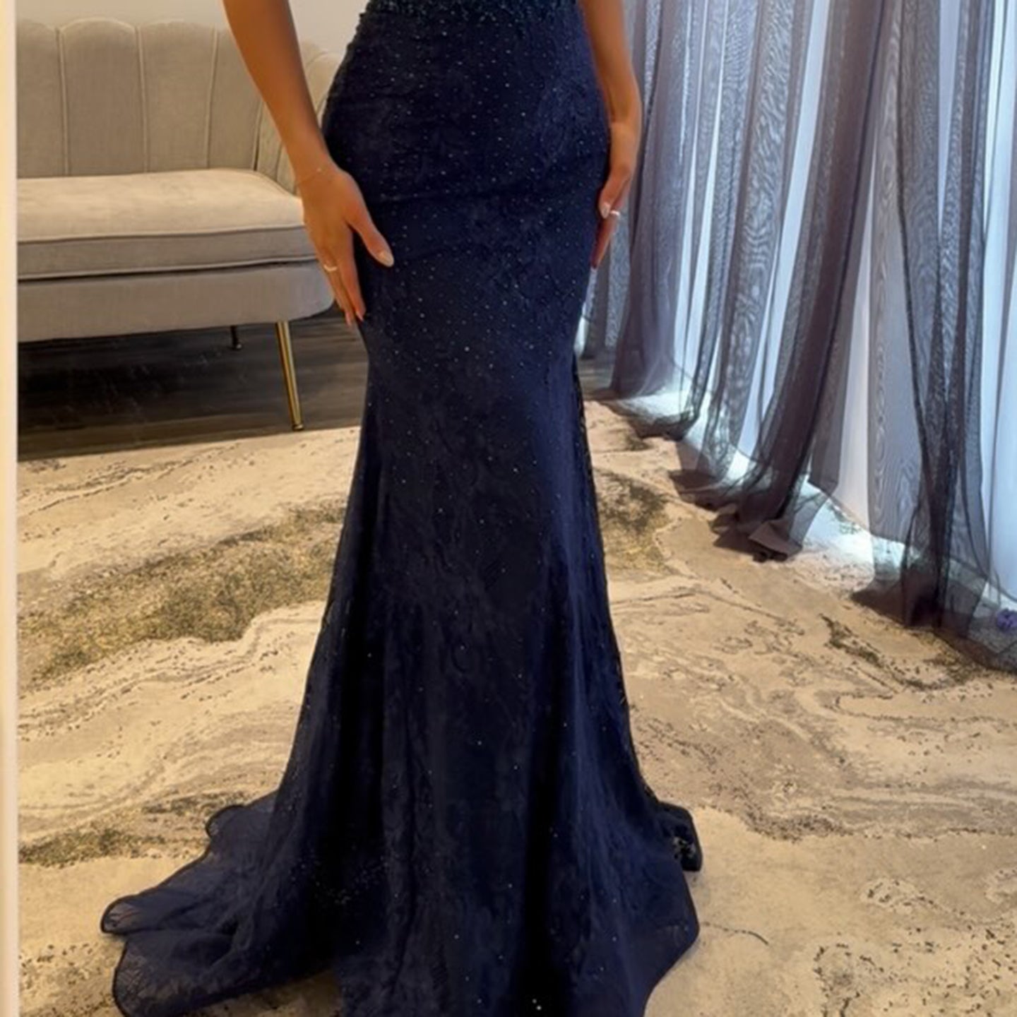 Navy Blue Off-Shoulder Lace Mermaid Prom Dress SH163
