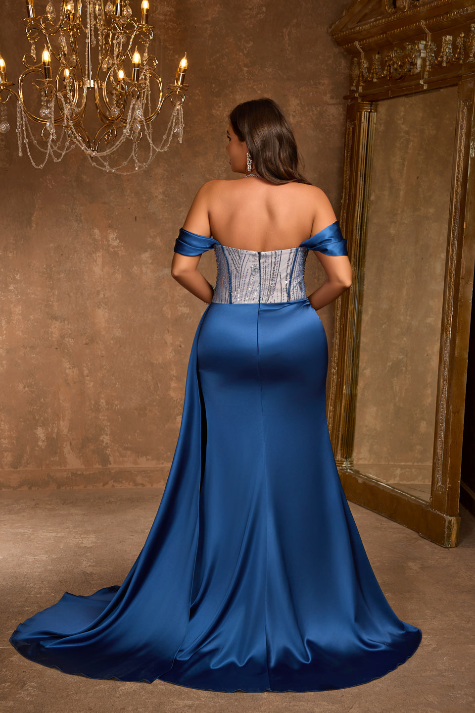 Off the Shoulder Navy Blue Satin Mother of the Bride Dress Plus Size SF617 Sheer Fairy
