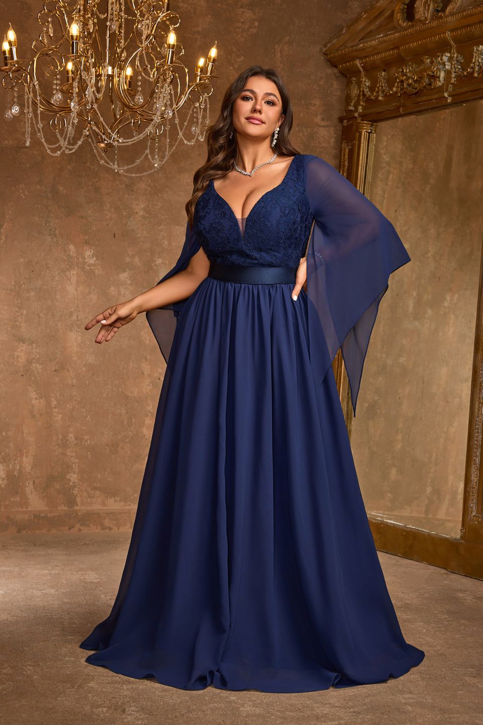 Plus Size Navy Blue Lace Plunging V-Neck Evening Dress SF611