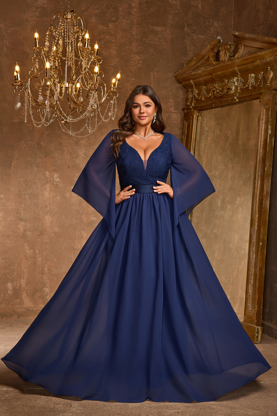 Plus Size Navy Blue Lace Plunging V-Neck Evening Dress SF611