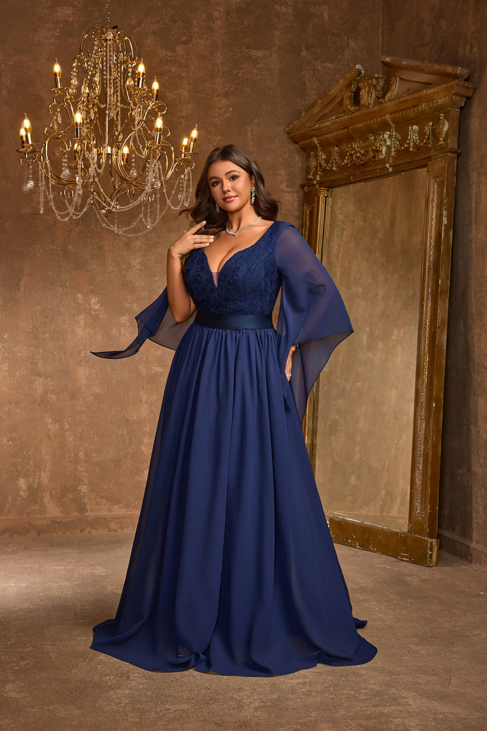 Plus Size Navy Blue Lace Plunging V-Neck Evening Dress SF611