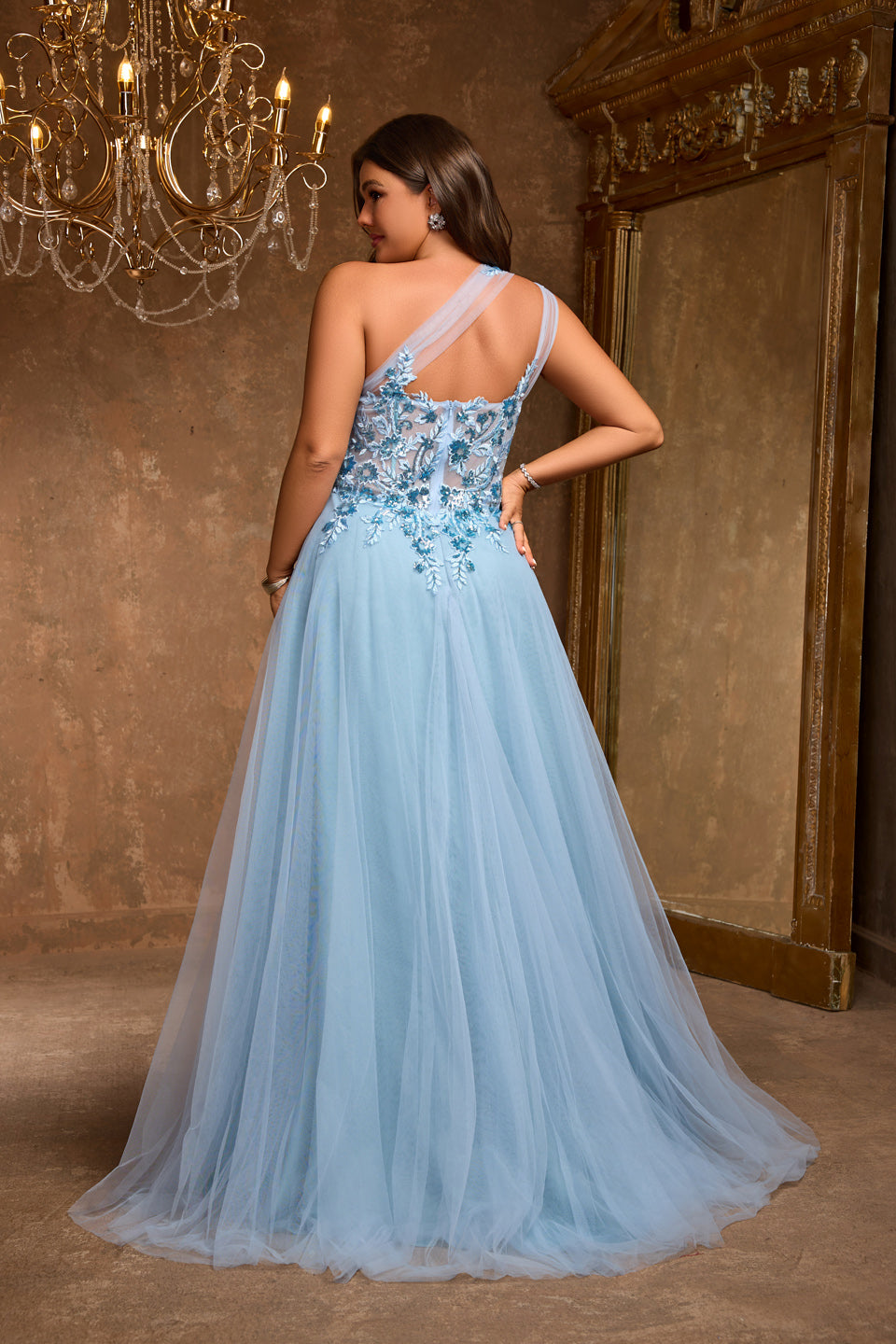 Plus Size Blue One-Shoulder Lace Ball Gown Evening Dress SF602