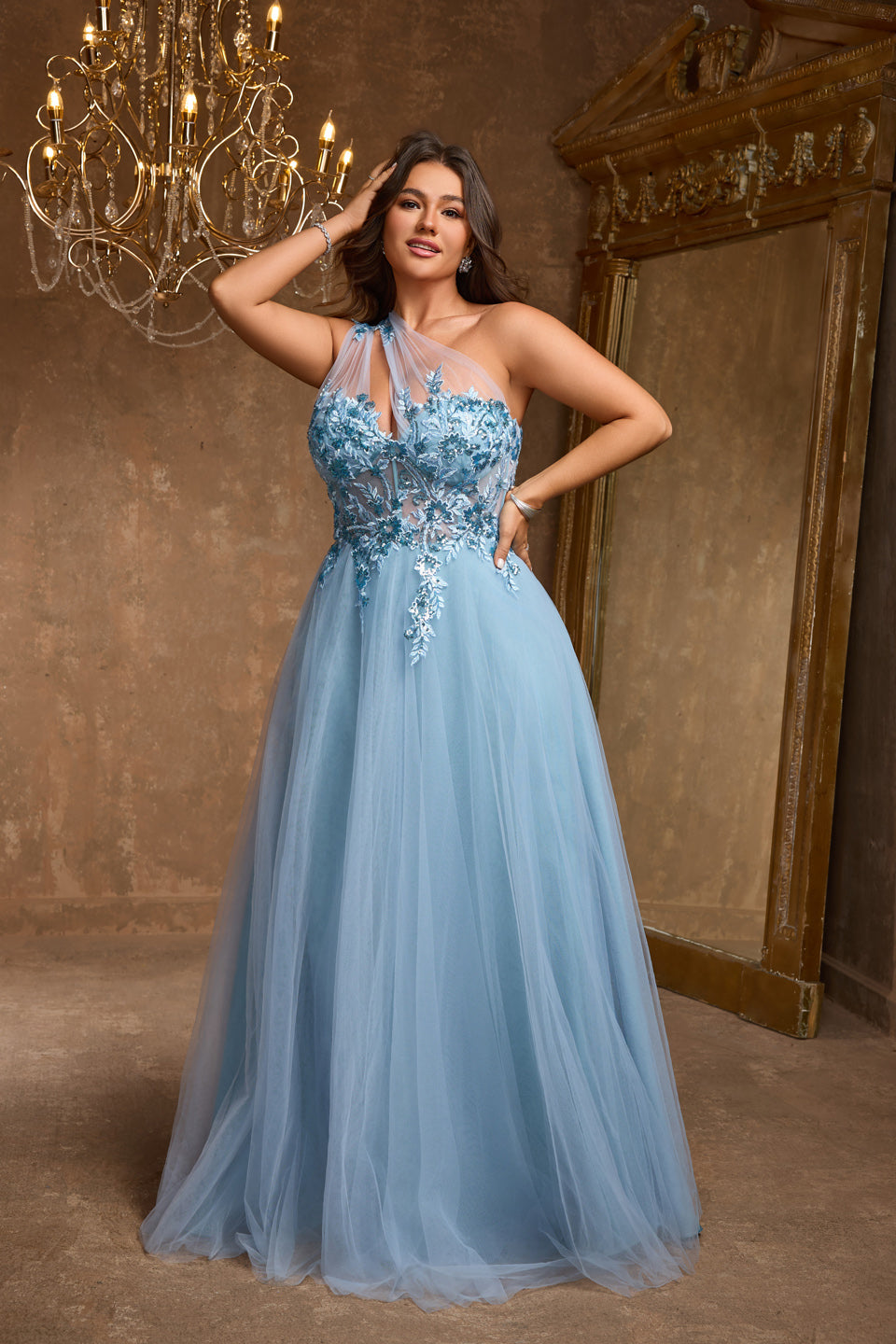 Plus Size Blue One-Shoulder Lace Ball Gown Evening Dress SF602