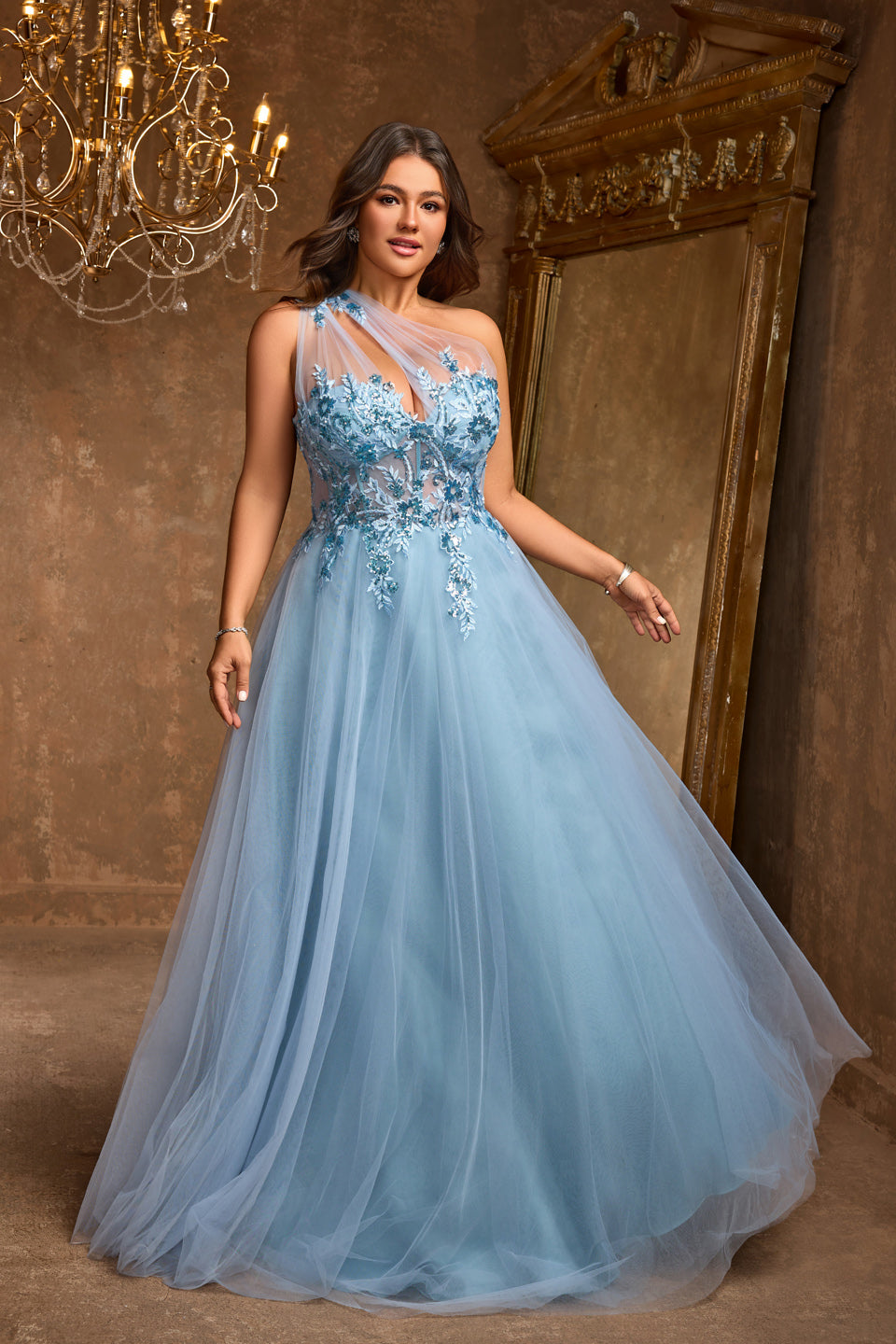 Plus Size Blue One-Shoulder Lace Ball Gown Evening Dress SF602