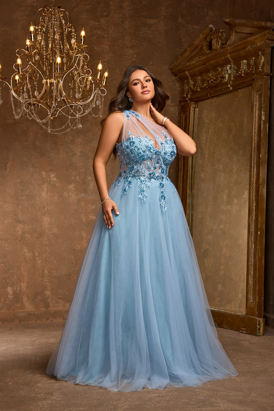 Plus Size Blue One-Shoulder Lace Ball Gown Evening Dress SF602