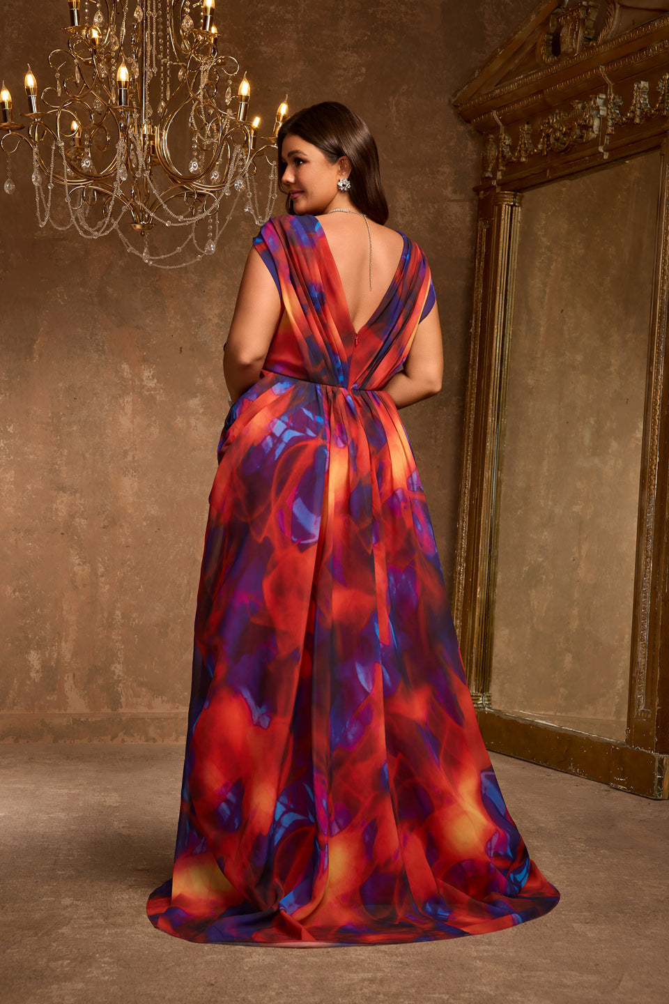 Plus Size Vibrant Abstract Print Plunging V-Neck Evening Dress SF612