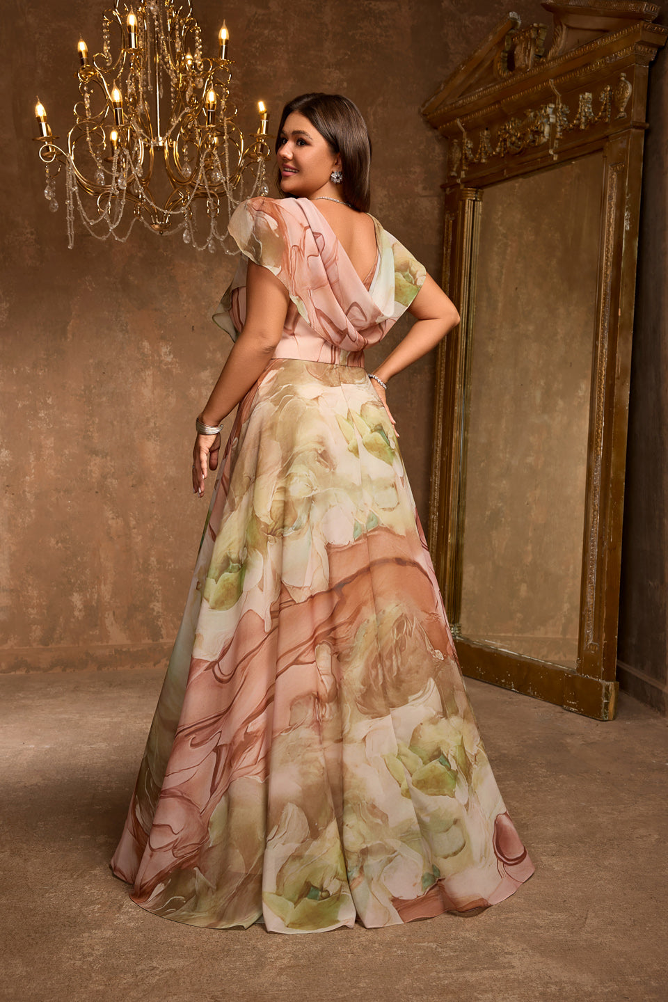 Plus Size V Neck Long Chiffon Floral Mother of the Bride Dress for Wedding Party SF608 Sheer Fairy