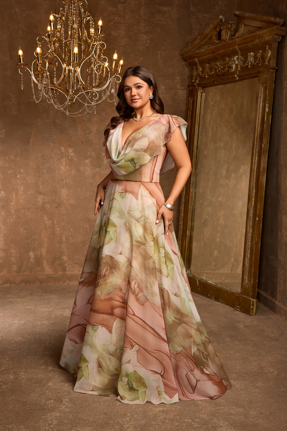 Plus Size V Neck Long Chiffon Floral Mother of the Bride Dress for Wedding Party SF608 Sheer Fairy