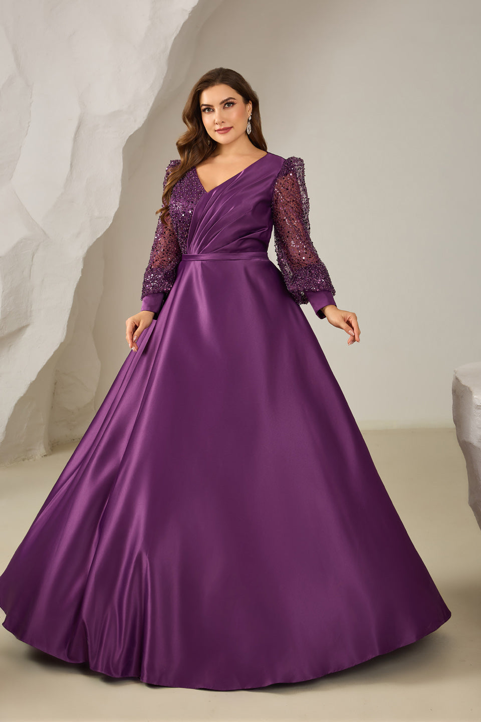 Plus Size Purple Plunging V-Neck Long Sleeve Evening Dress SF613