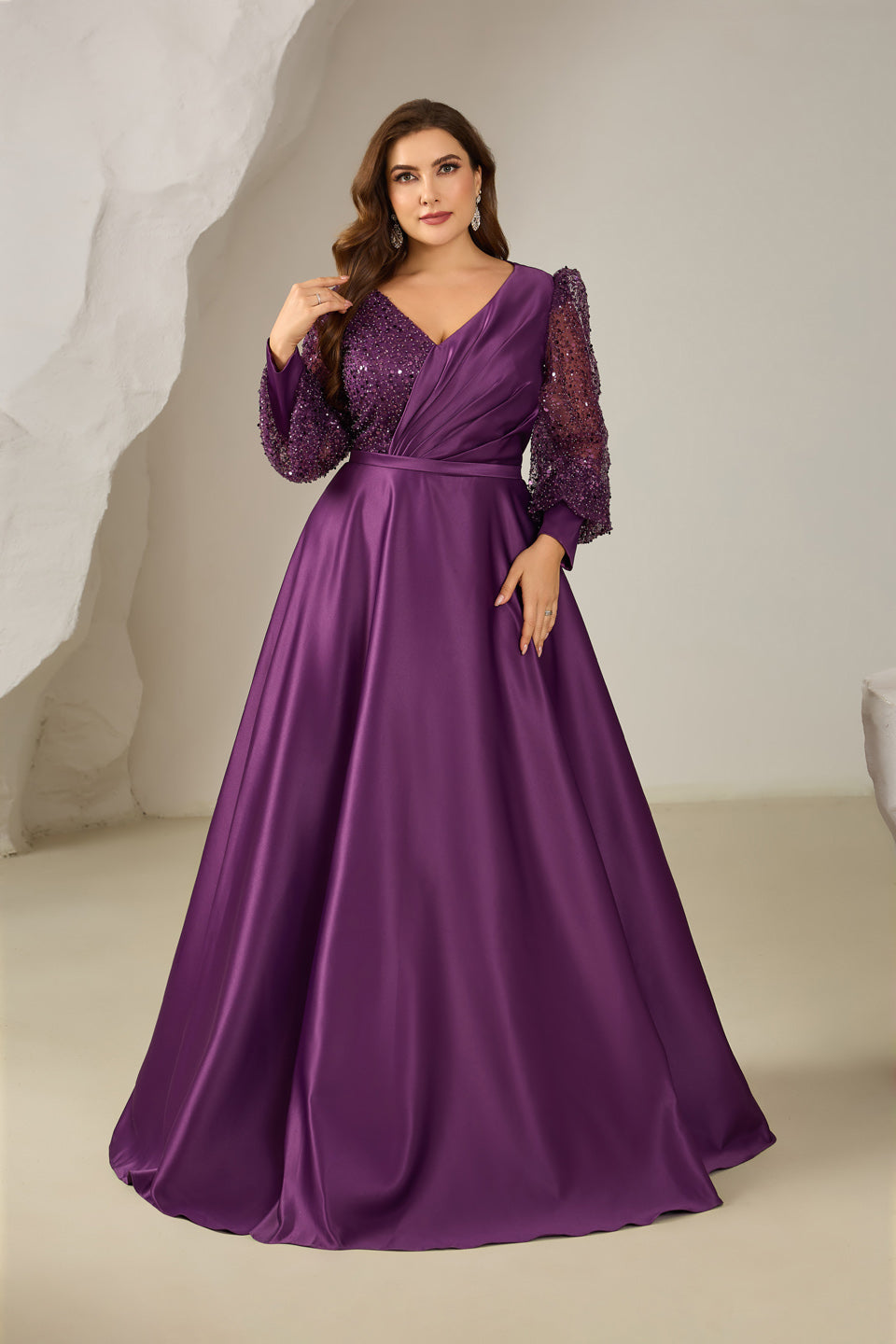 Plus Size Purple Plunging V-Neck Long Sleeve Evening Dress SF613