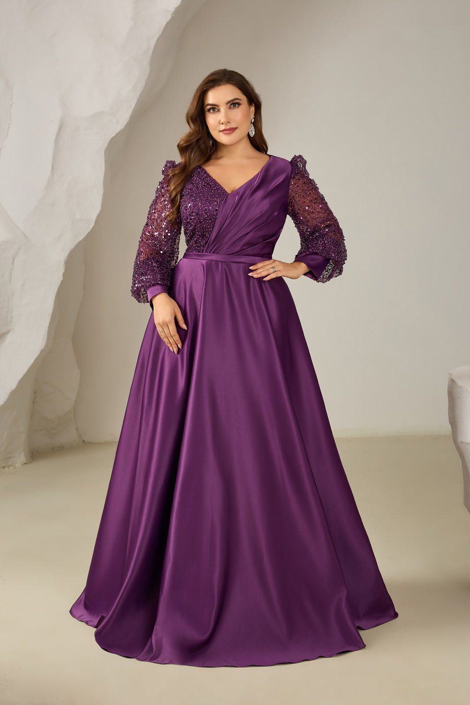 Plus Size Purple Plunging V-Neck Long Sleeve Evening Dress SF613