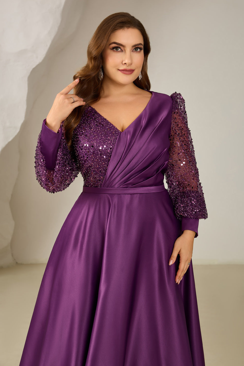 Plus Size Satin Long Sleeve Purple Mother of the Bride Dress for Wedding Party SF613 Sheer Fairy
