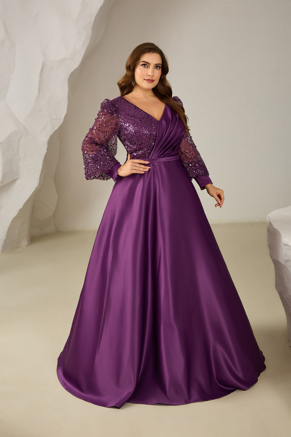 Plus Size Purple Plunging V-Neck Long Sleeve Evening Dress SF613