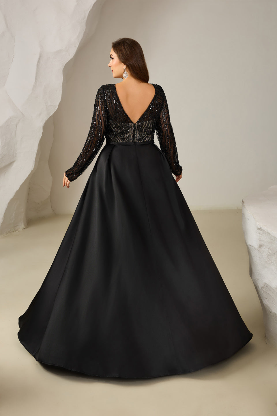 Sexy V Neck Long Sleeve Black Satin Mother of the Bride Dress Plus Size SF609 Sheer Fairy