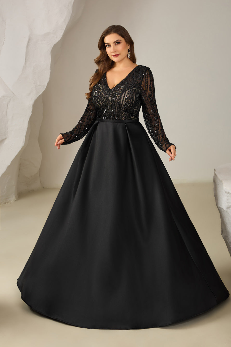 Plus Size Black Beaded Plunging V-Neck Evening Dress SF609