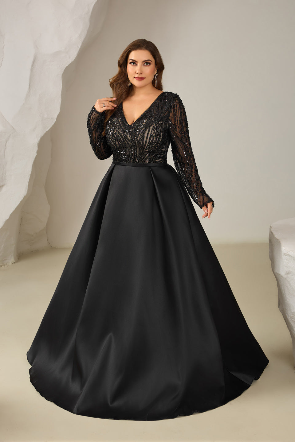 Sexy V Neck Long Sleeve Black Satin Mother of the Bride Dress Plus Size SF609 Sheer Fairy