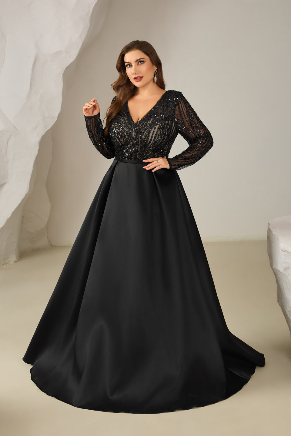 Sexy V Neck Long Sleeve Black Satin Mother of the Bride Dress Plus Size SF609 Sheer Fairy