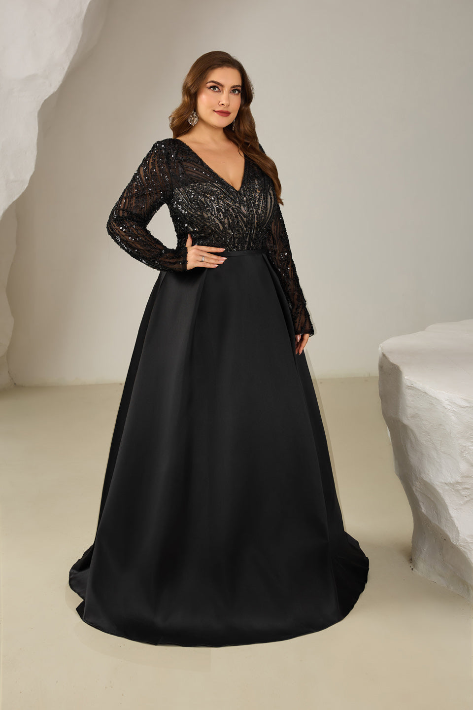 Plus Size Black Beaded Plunging V-Neck Evening Dress SF609